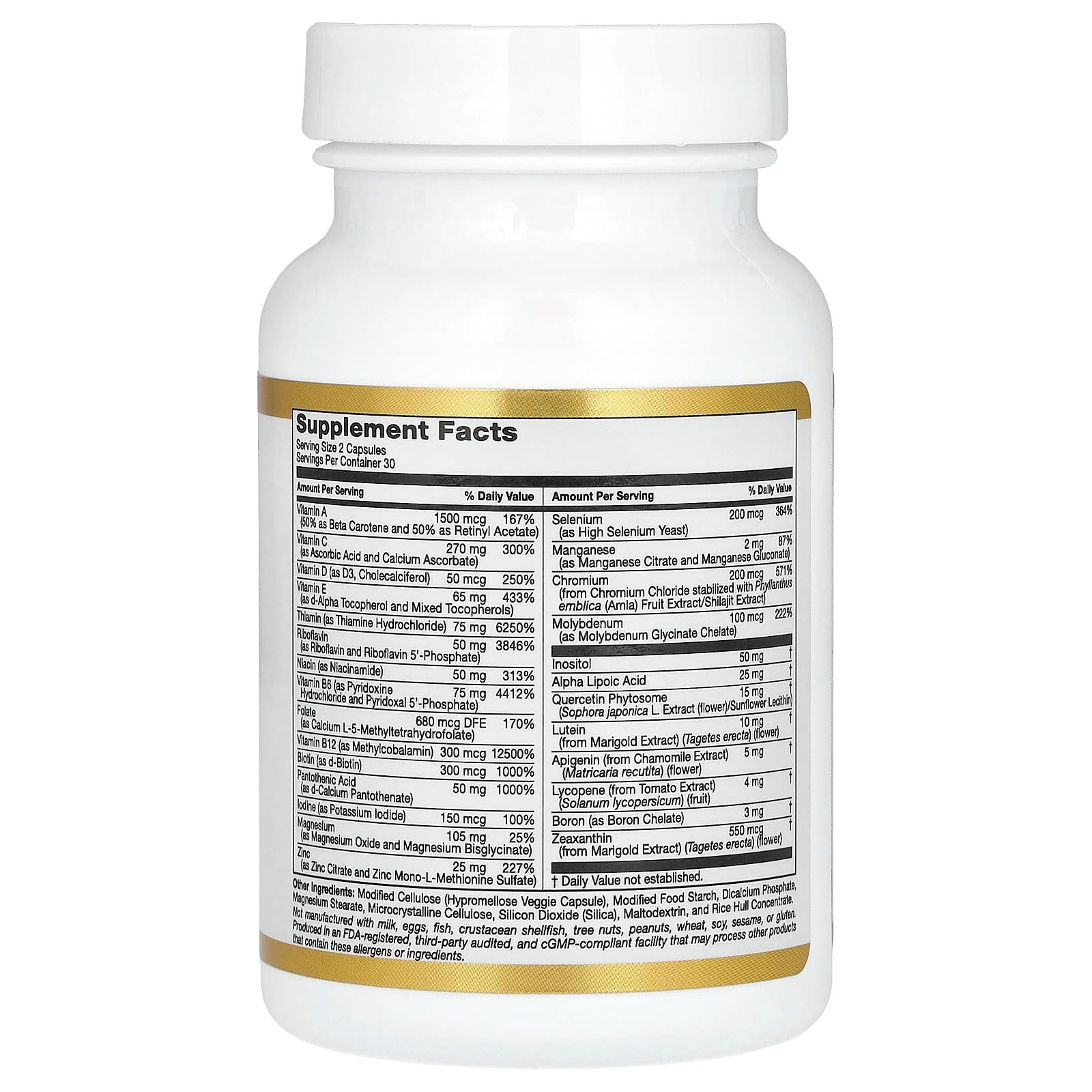 California Gold Nutrition, Multivitamin and Mineral with Methyl B12, Vitamin C, L-MethylFolate and Bio-Quercetin, Two-A-Day, 60 Veggie Capsules