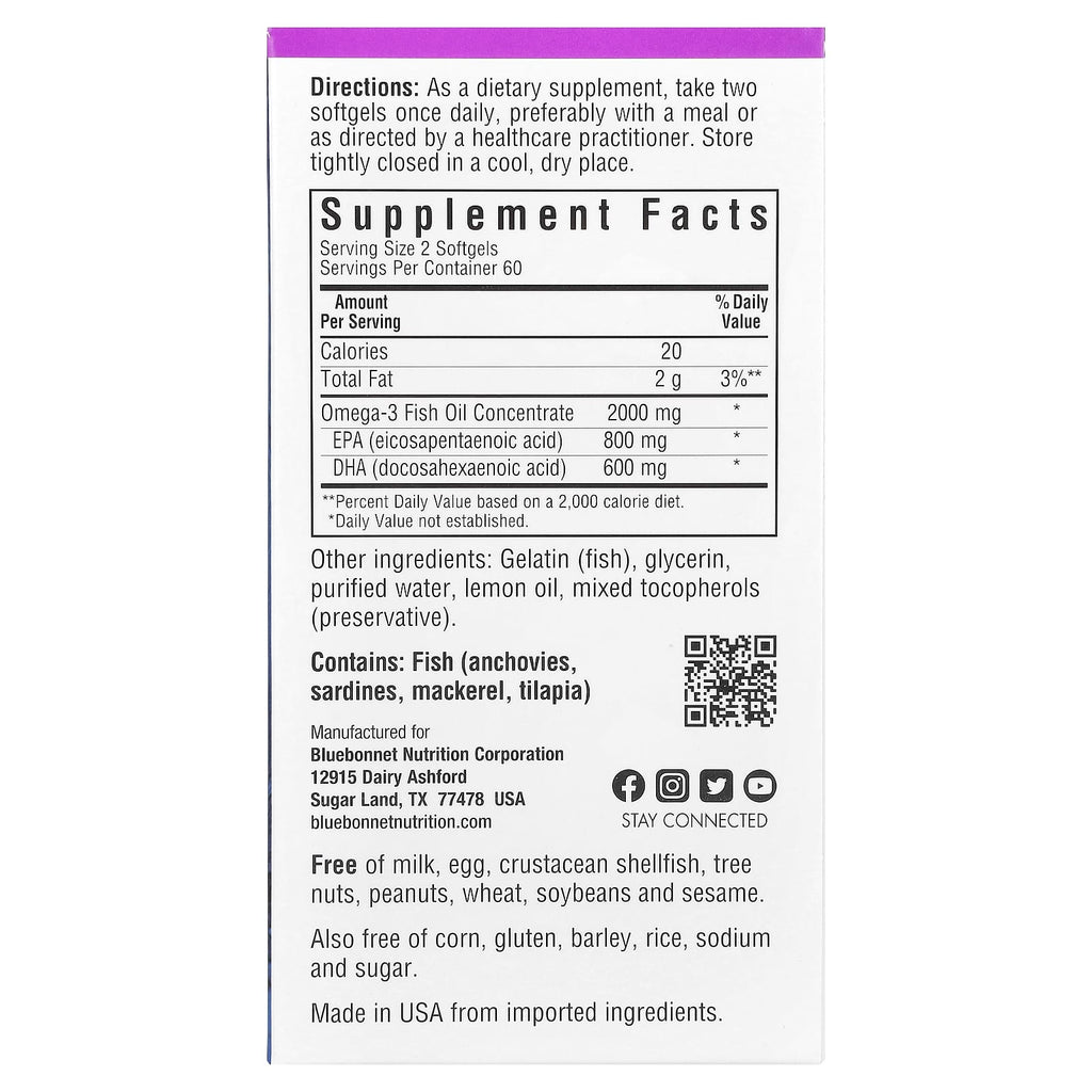 Bluebonnet Nutrition, Omega-3 Fish Oil, Heart Health, Lemon, 120 Softgels (1,000 mg per Softgel)