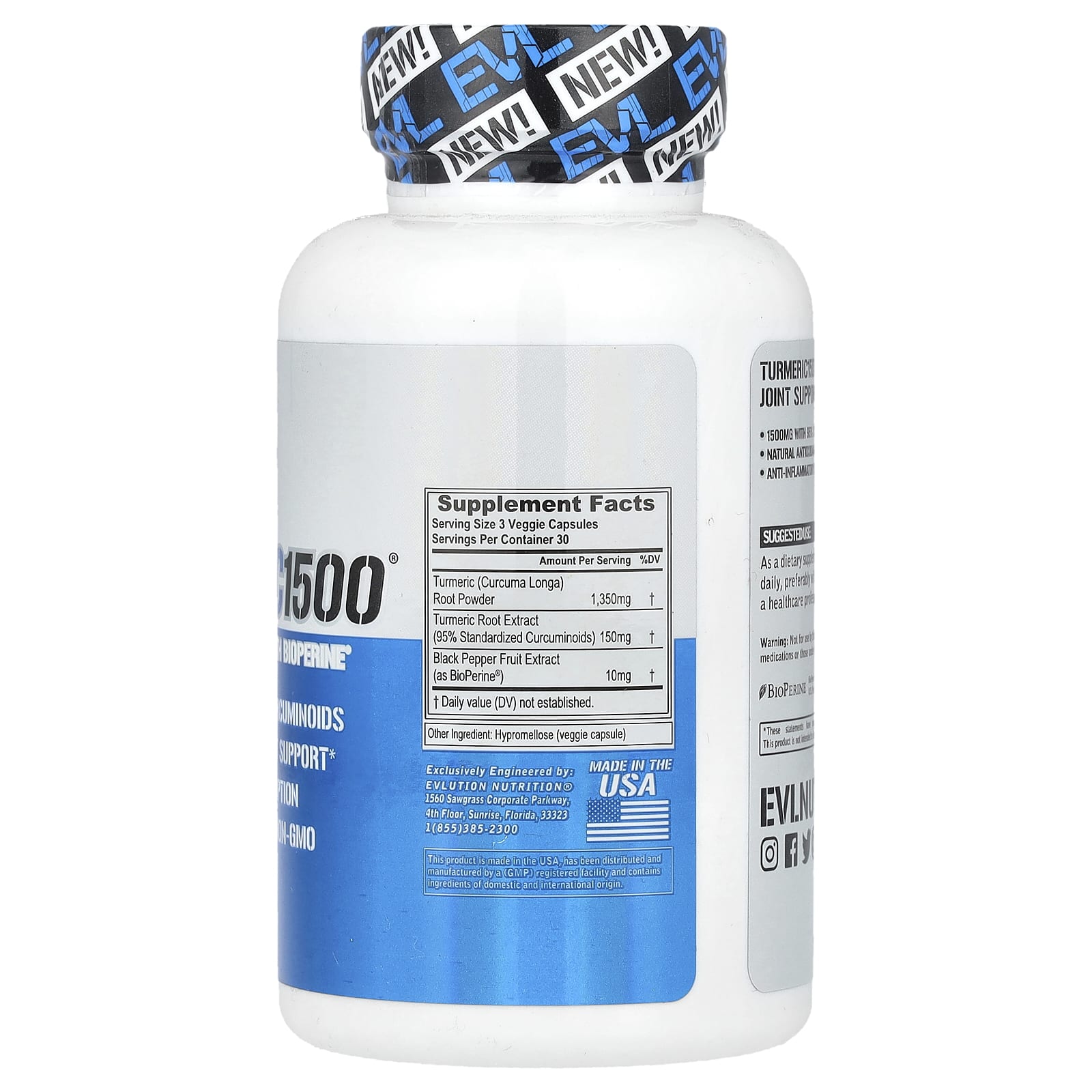 EVLution Nutrition, Turmeric 1500®, Turmeric Curcumin with BioPerine®, 90 Veggie Capsules