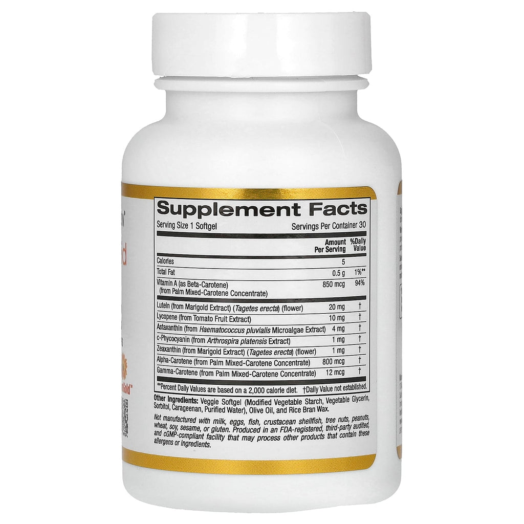 California Gold Nutrition, AstaCarotenoid Complex with Lutein, Lycopene, Astaxanthin, and Vitamin A, 30 Veggie Softgels