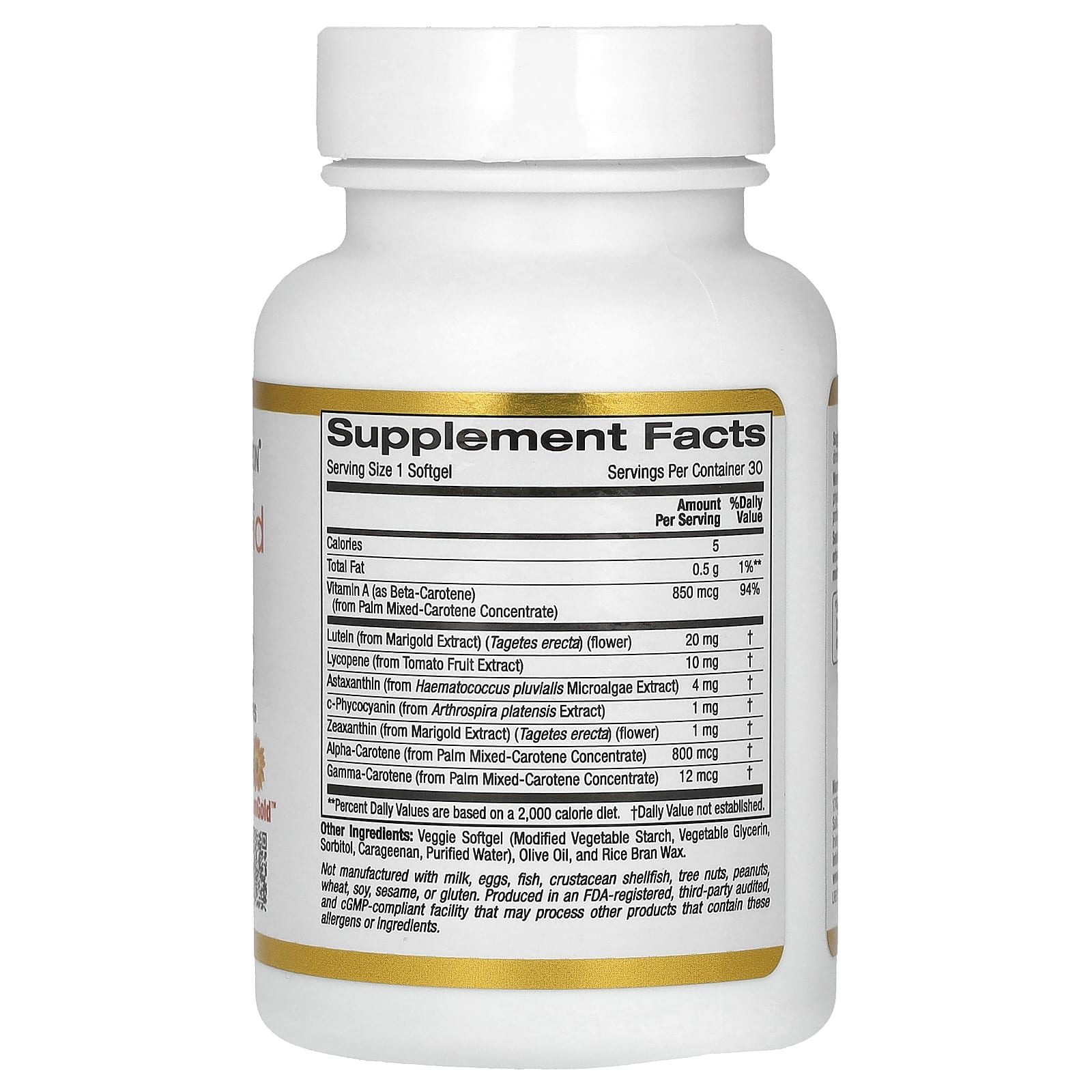 California Gold Nutrition, AstaCarotenoid Complex with Lutein, Lycopene, Astaxanthin, and Vitamin A, 30 Veggie Softgels