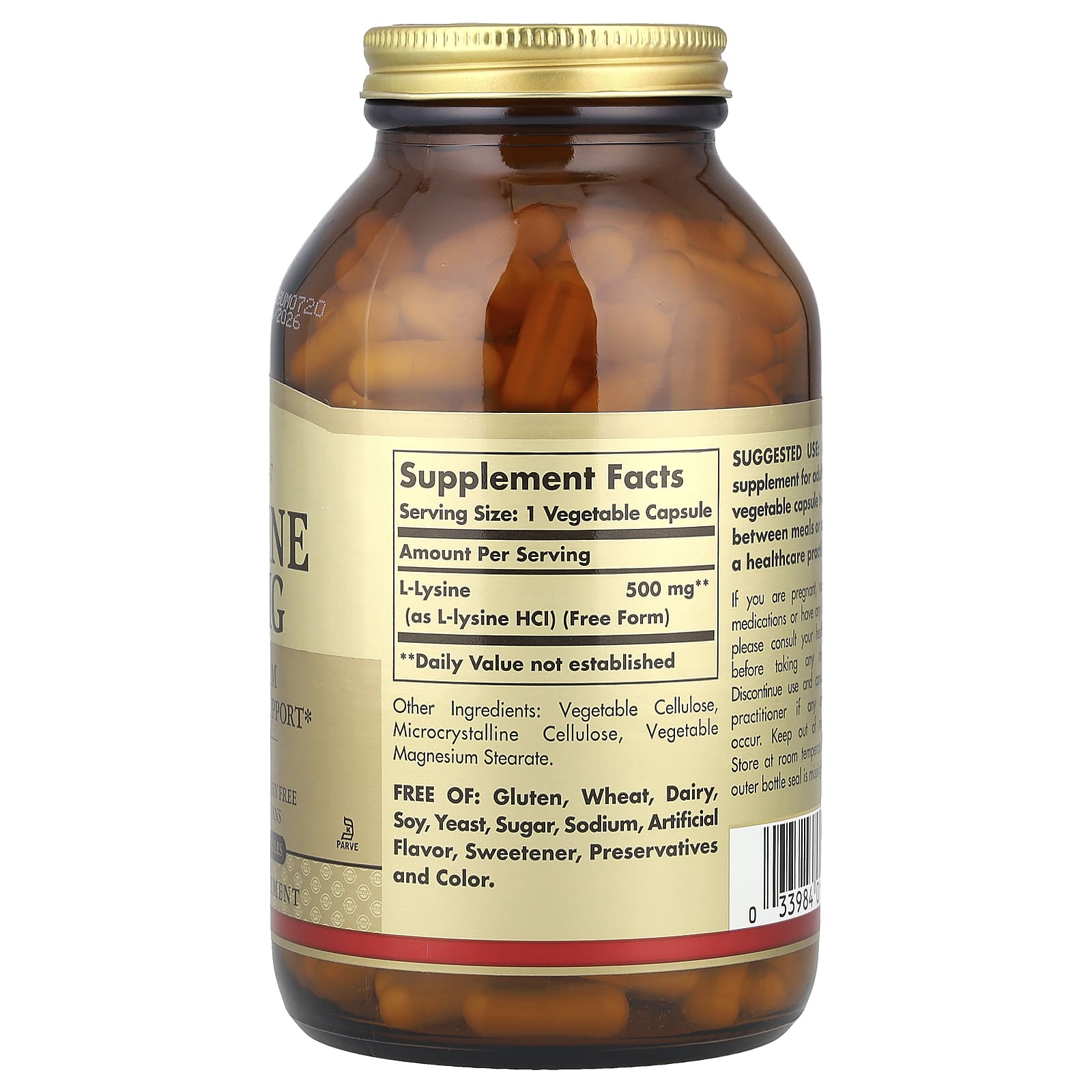 Solgar, L-Lysine, Free Form, 500 mg, 250 Vegetable Capsules