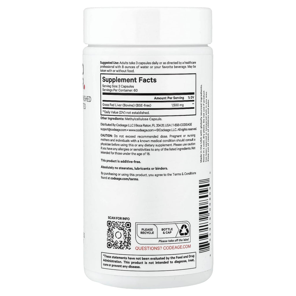 Codeage, Grass-Fed Beef Liver, 180 Vegetable Capsules (500 mg per Capsule)