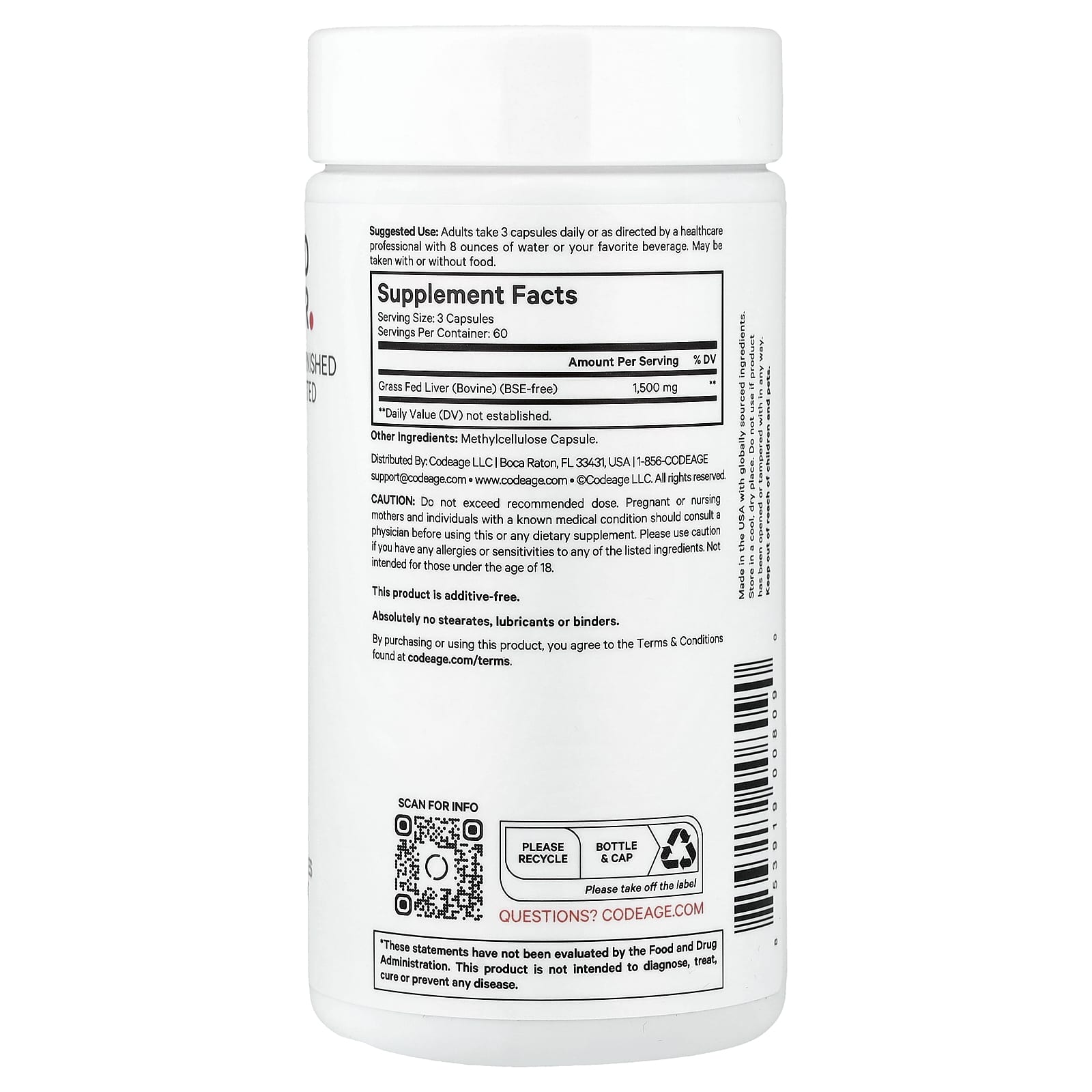 Codeage, Grass-Fed Beef Liver, 180 Vegetable Capsules (500 mg per Capsule)