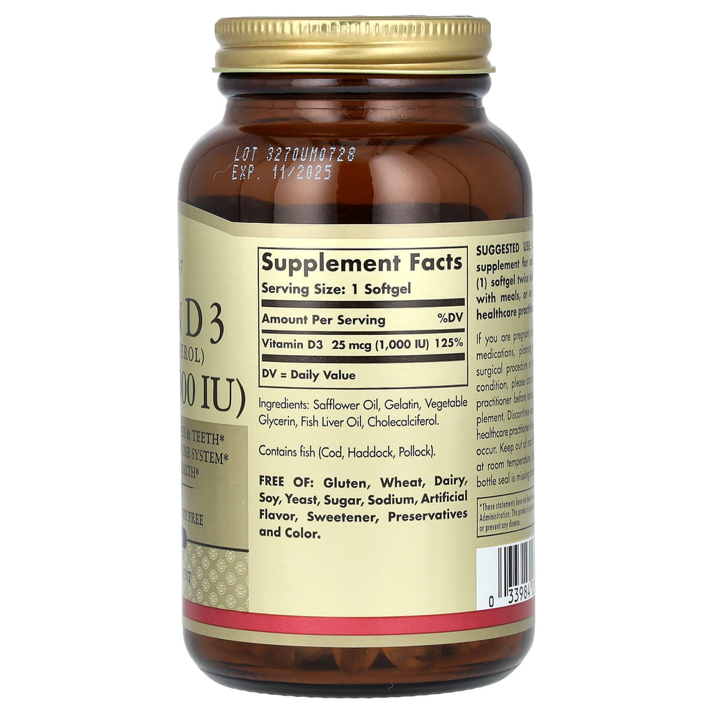Solgar, Vitamin D3, 25 mcg (1,000 IU), 250 Softgels