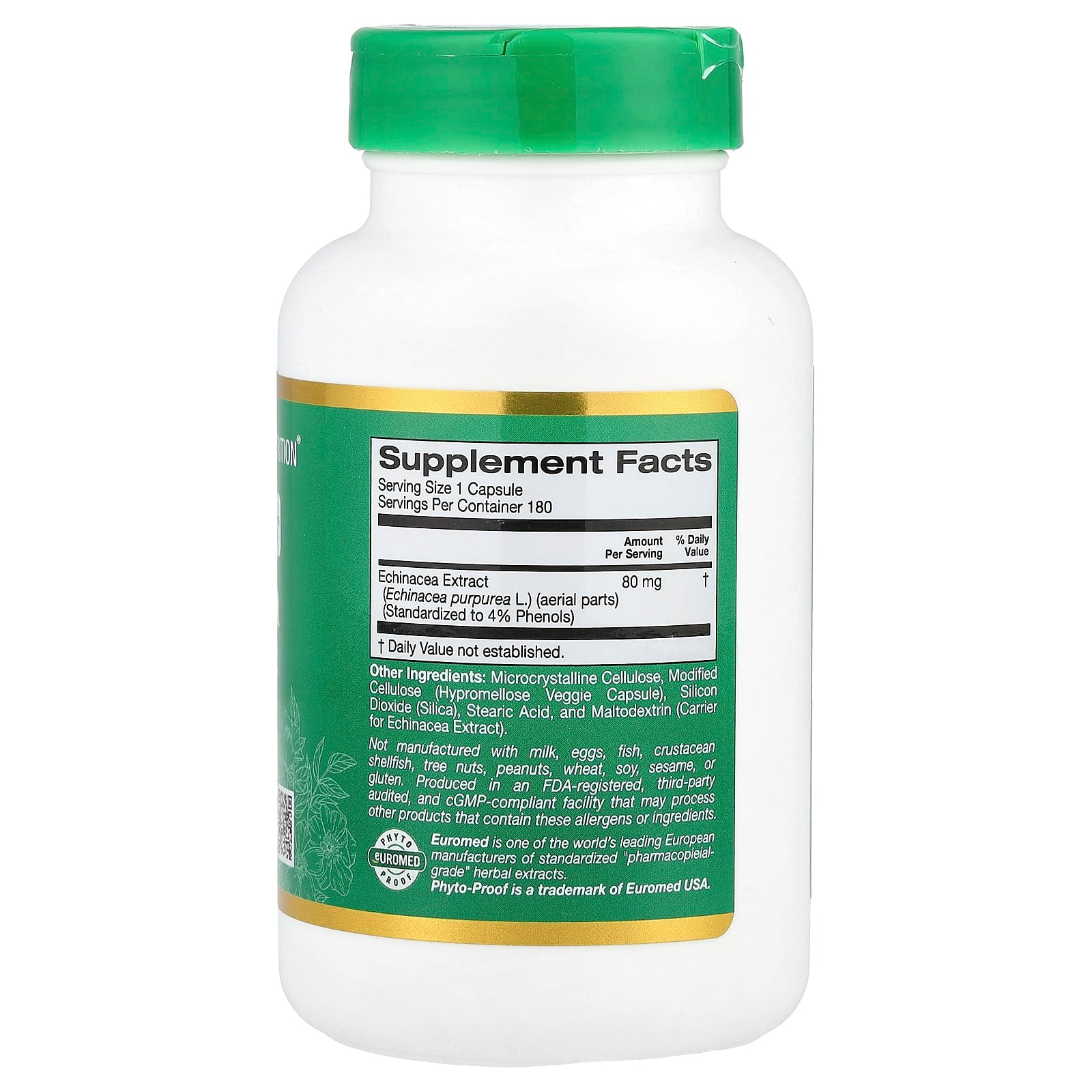 California Gold Nutrition, EuroHerbs™, Echinacea Herb Extract, Euromed Quality, 80 mg, 180 Veggie Capsules