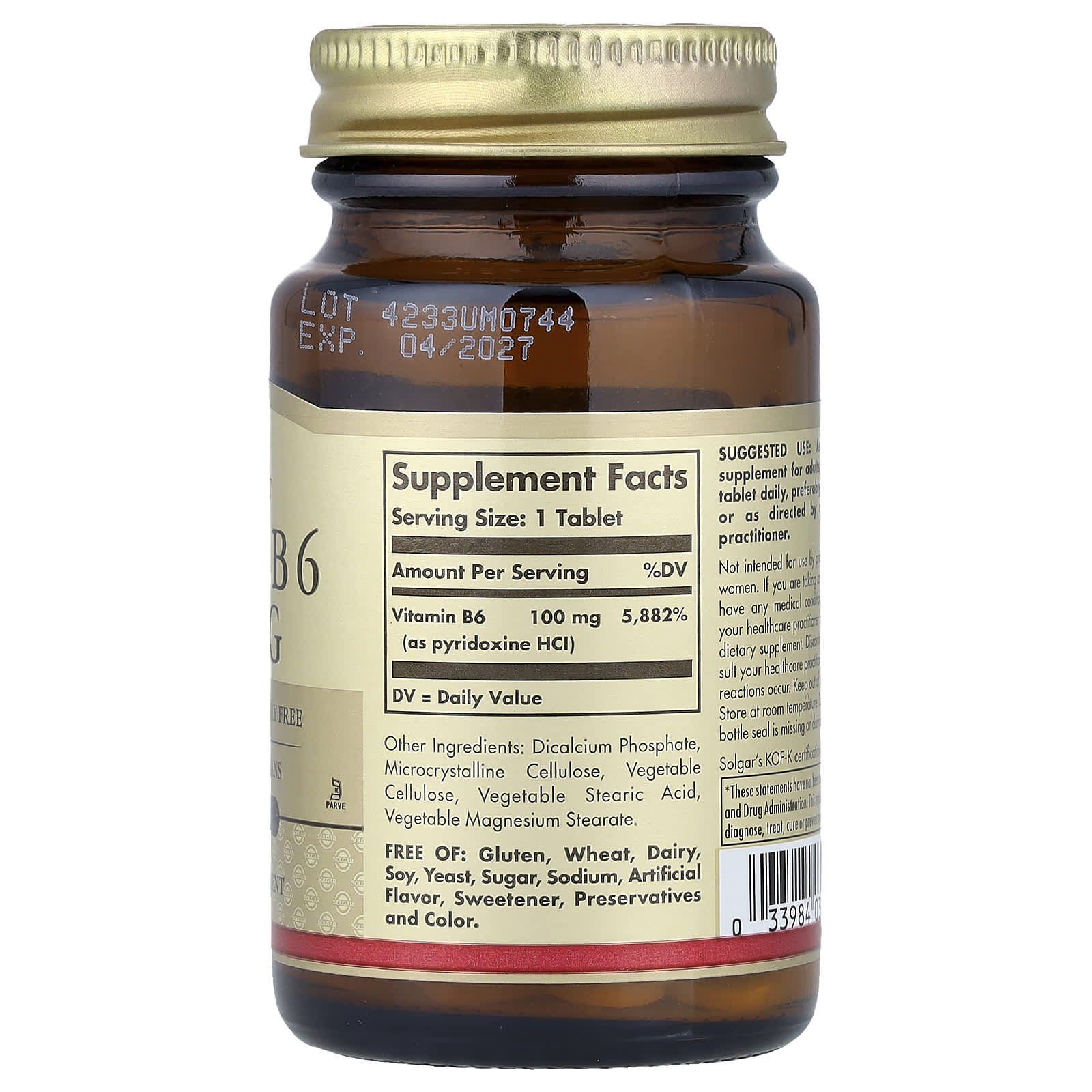 Solgar, Vitamin B6, 100 mg, 100 Tablets