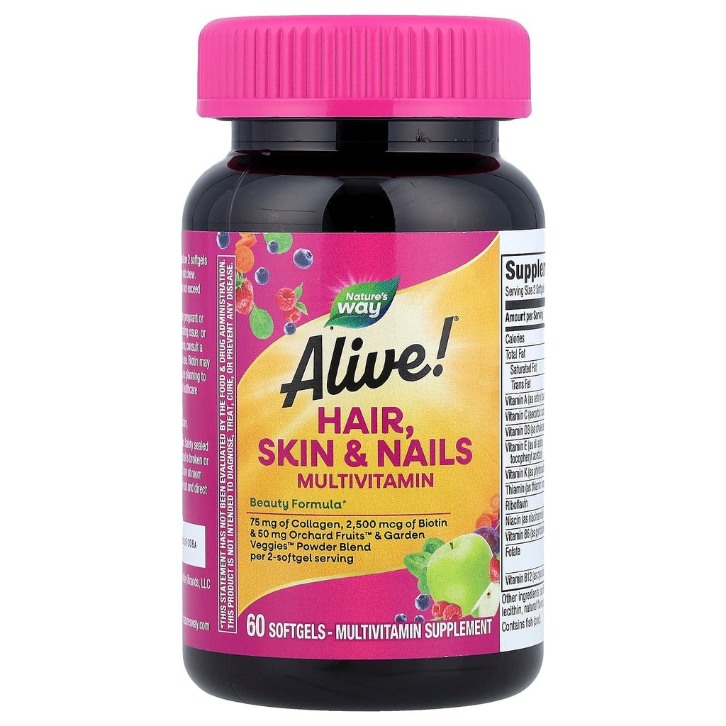 Nature's Way, Alive!® Hair, Skin & Nails Multivitamin, Strawberry, 60 Softgels