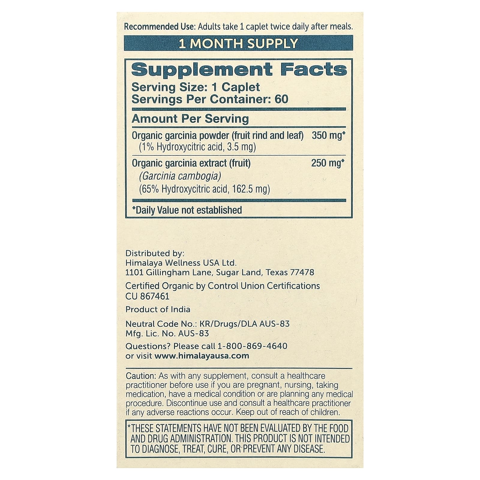 Himalaya, Organic Garcinia, 60 Caplets