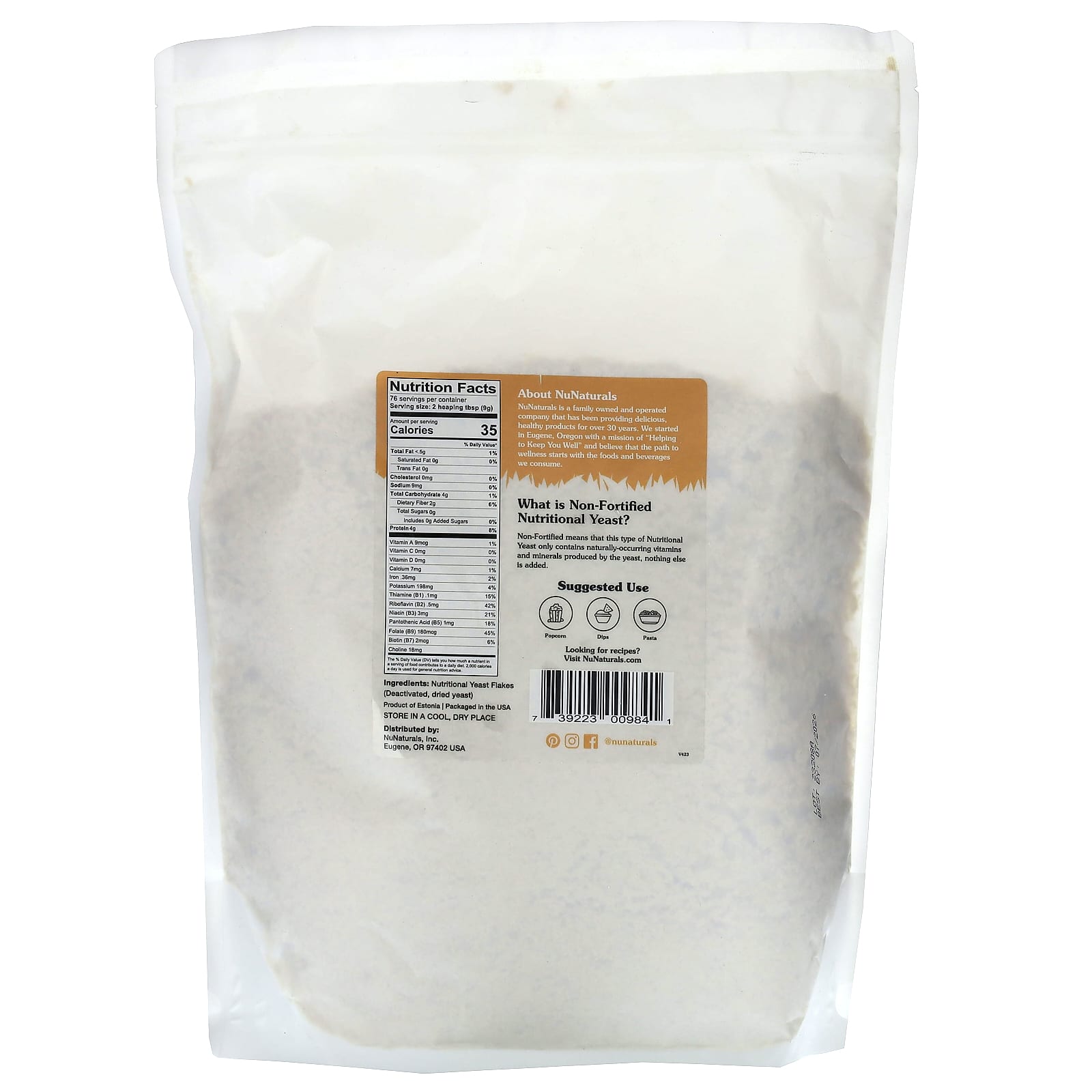 NuNaturals, Non-Fortified Nutritional Yeast Flakes, 1.5 lb (681 g)