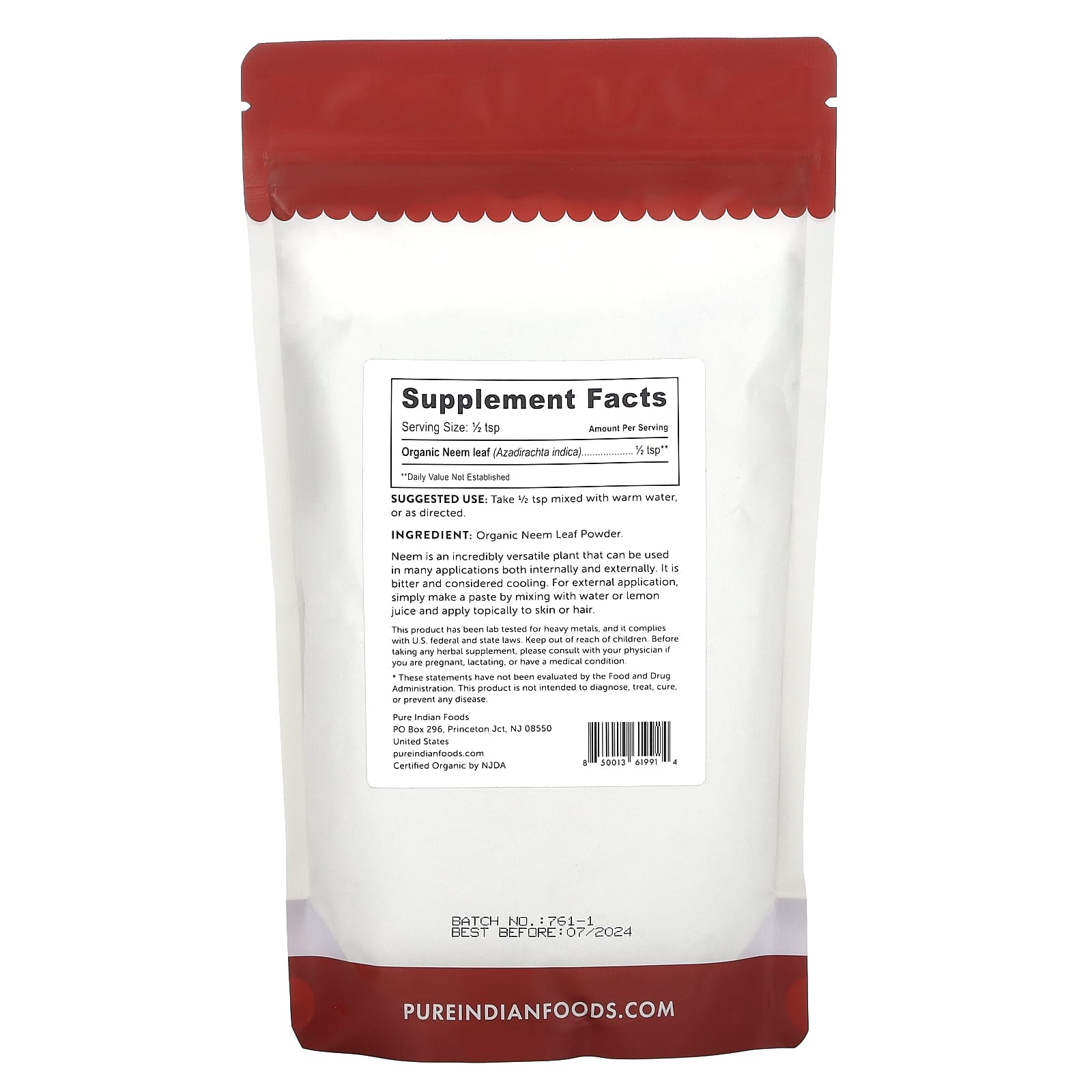 Pure Indian Foods, Organic Neem Leaf Powder, 8 oz (227 g)