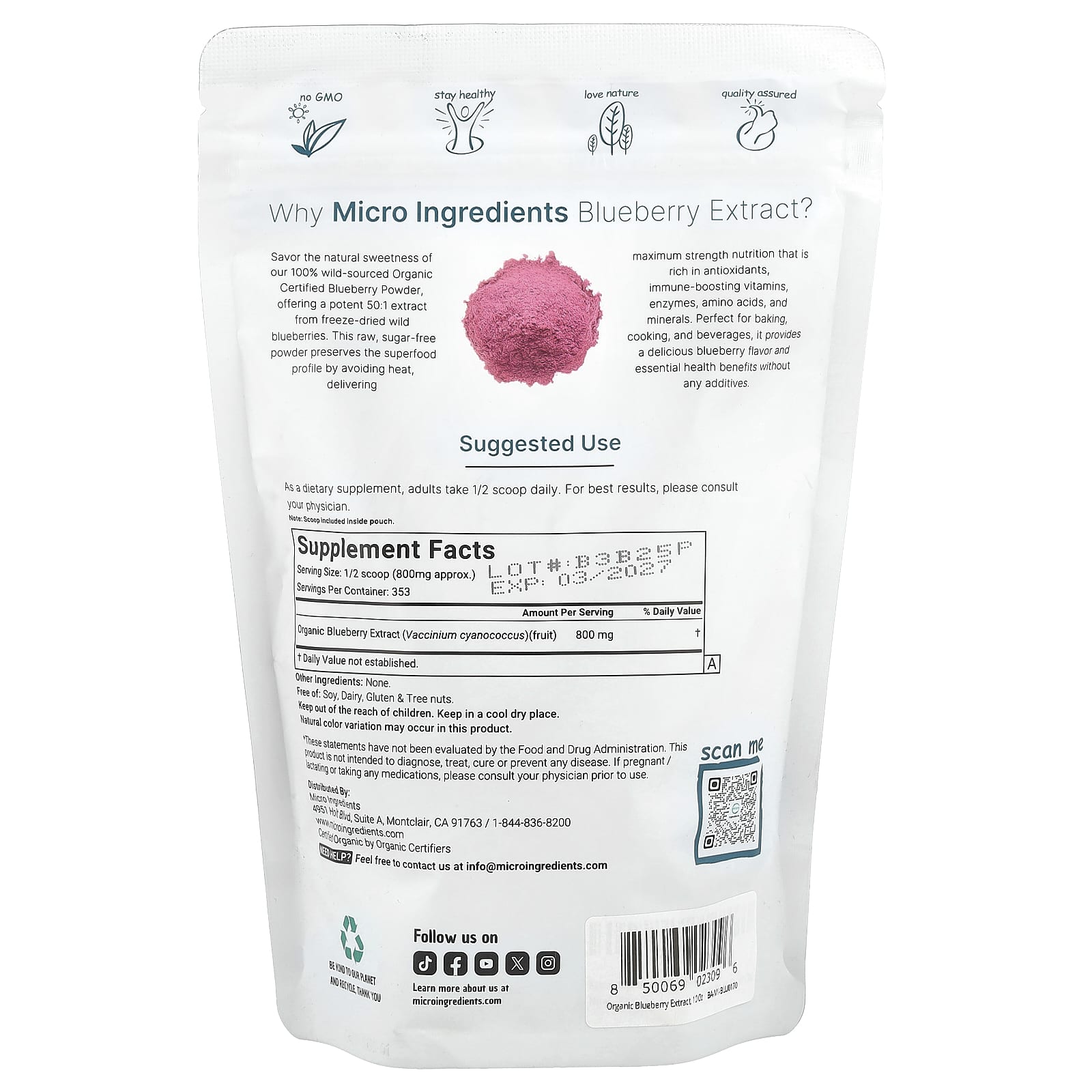 Micro Ingredients, Organic Blueberry Extract, Freeze-Dried , 10 oz (283 g)