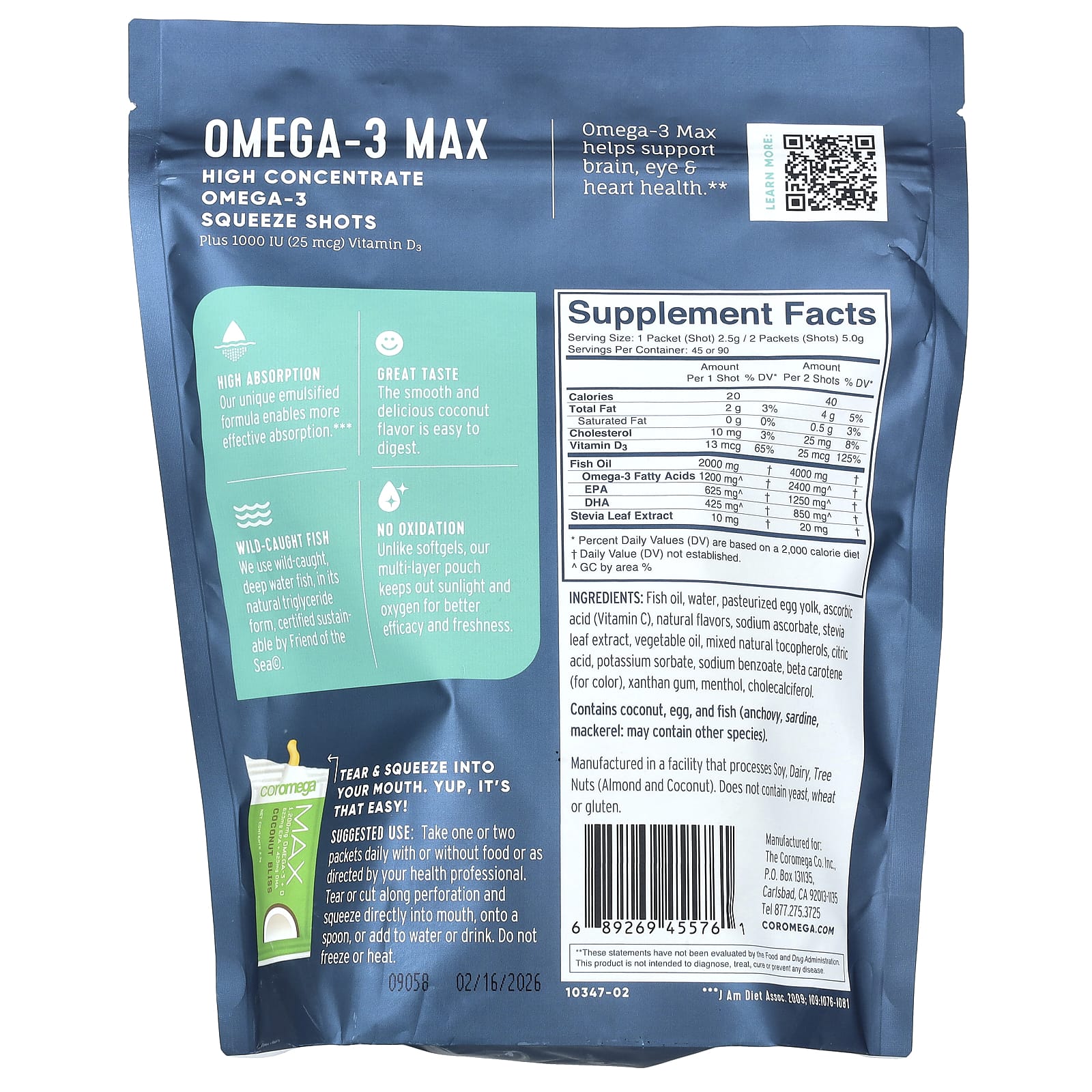Coromega, Omega-3 Max Plus Vitamin D3, High Concentrate, Coconut Bliss, 90 Single Serve Packets, (2.5 g) Each