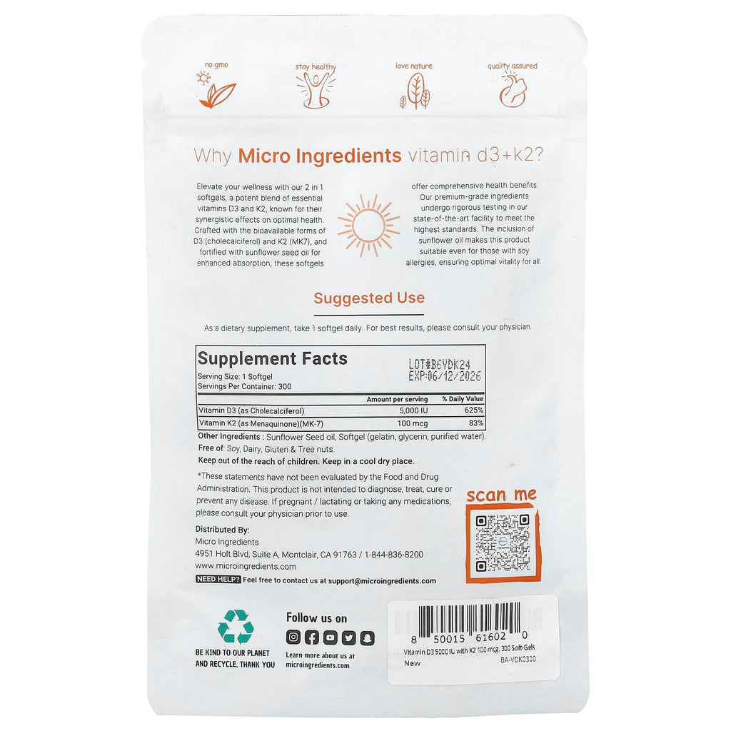 Micro Ingredients, Vitamin D3 + K2, 300 Softgels
