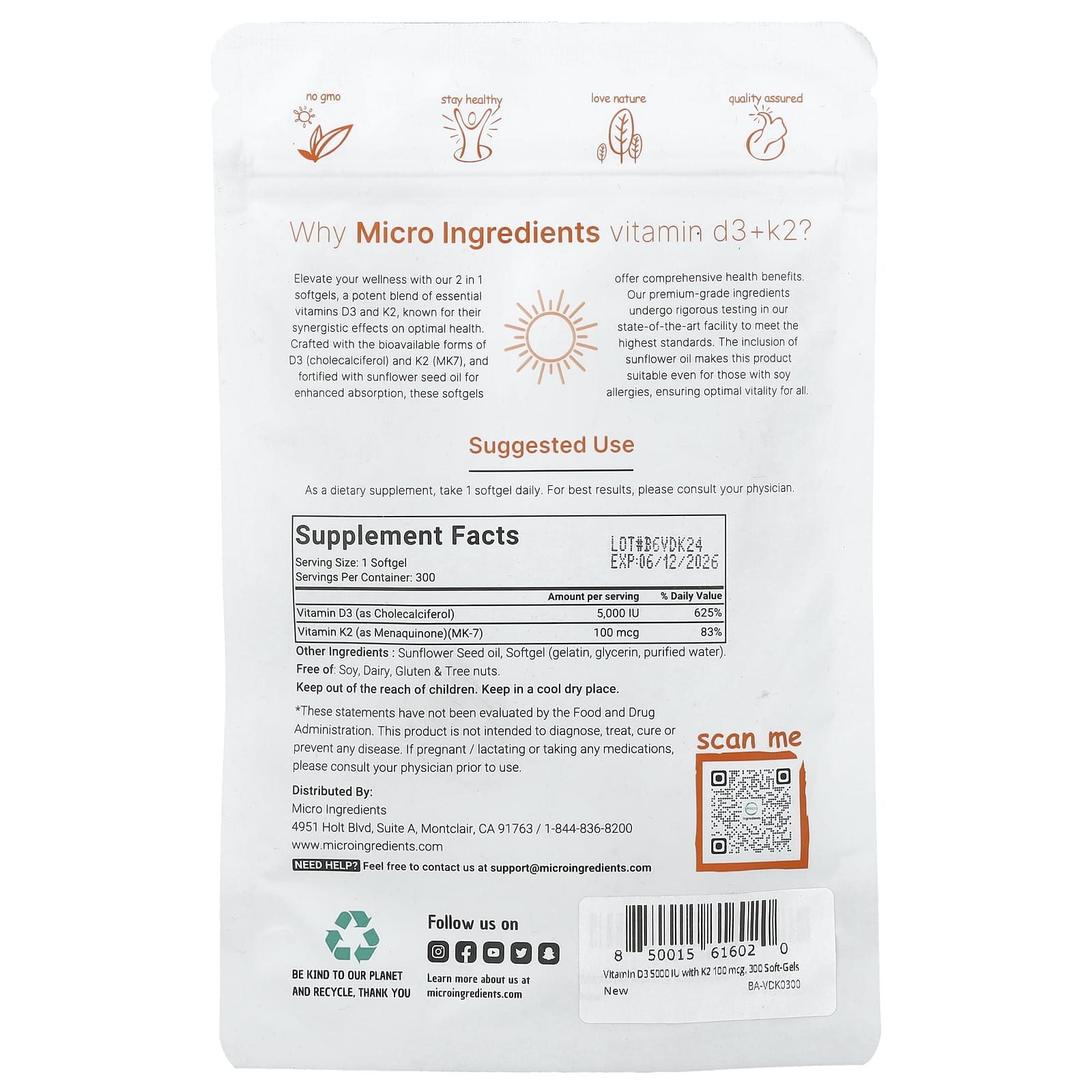 Micro Ingredients, Vitamin D3 + K2, 300 Softgels