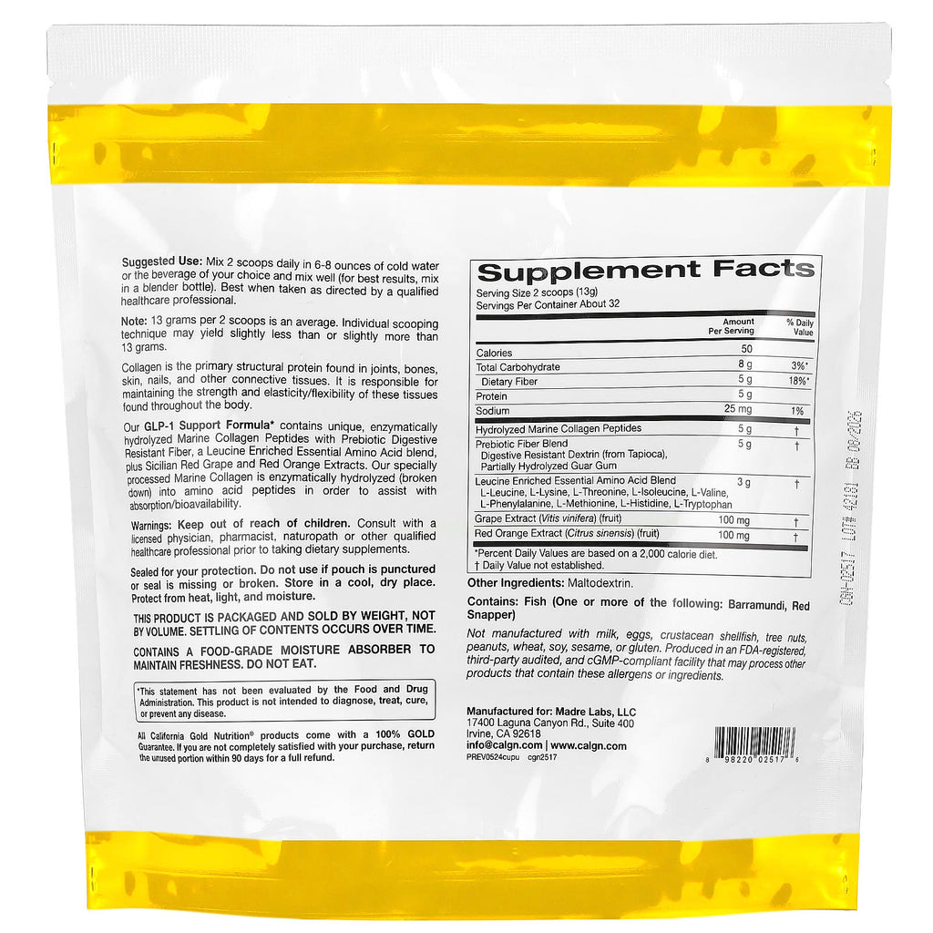 California Gold Nutrition, GLP-1 Support Formula with Hydrolyzed Marine Collagen Peptides, Prebiotic Digestive Resistant Fiber Blend and Leucine Enriched Essential Amino Acids Blend, Unflavored, 14.46 oz (410 g)