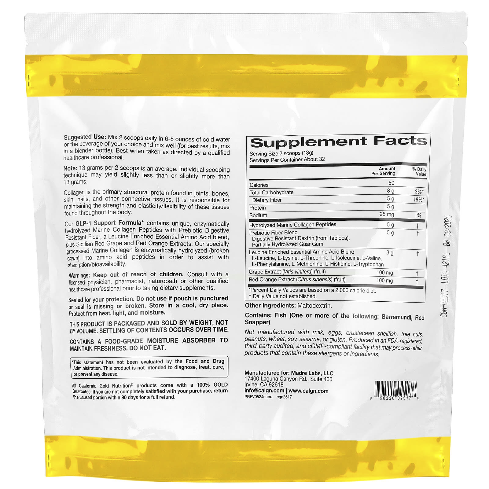 California Gold Nutrition, GLP-1 Support Formula with Hydrolyzed Marine Collagen Peptides, Prebiotic Digestive Resistant Fiber Blend and Leucine Enriched Essential Amino Acids Blend, Unflavored, 14.46 oz (410 g)