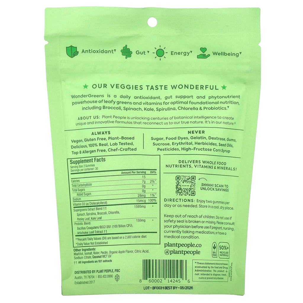 Plant People, WonderGreens®, Super Veggie Gummies, Green Apple, 60 Gummies