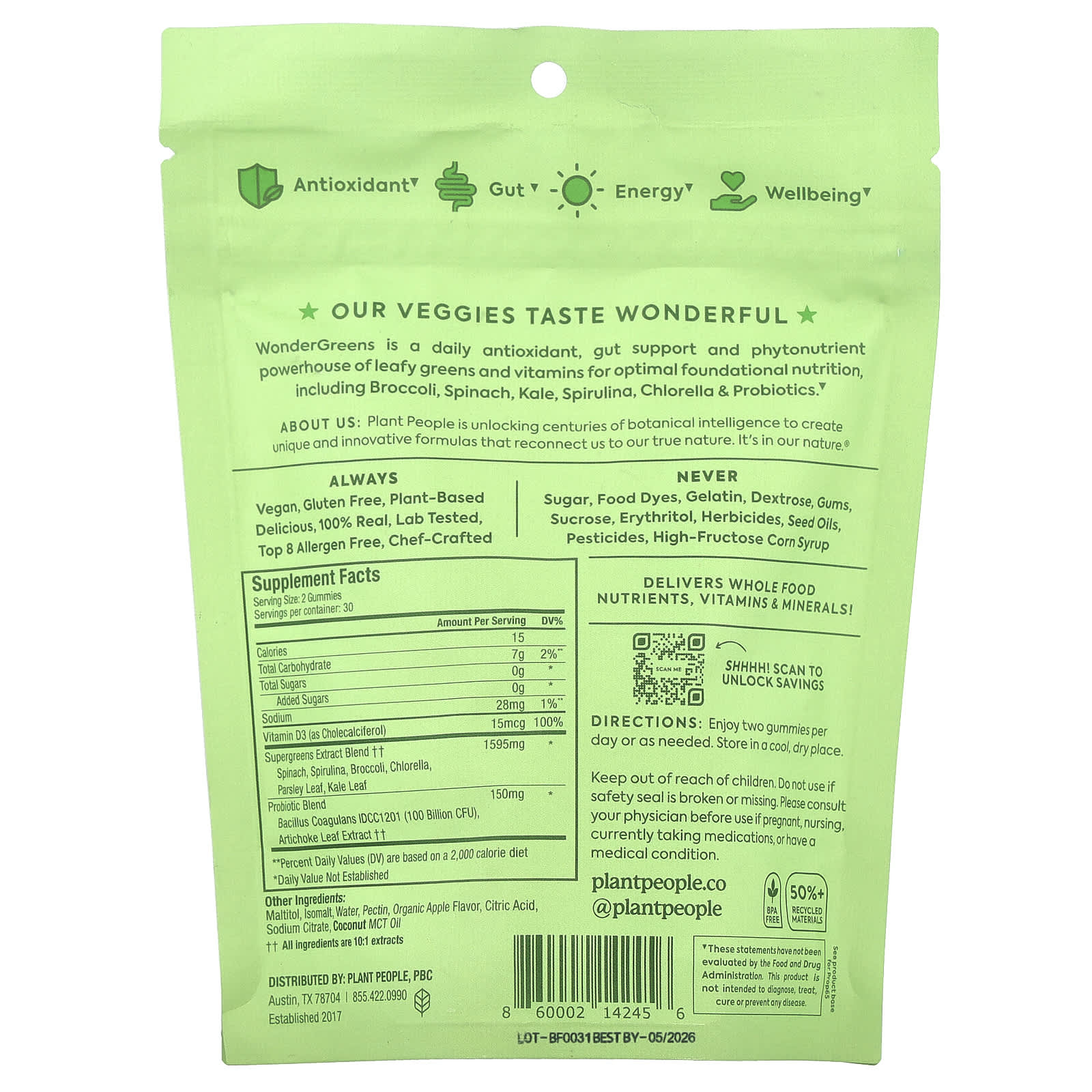 Plant People, WonderGreens®, Super Veggie Gummies, Green Apple, 60 Gummies