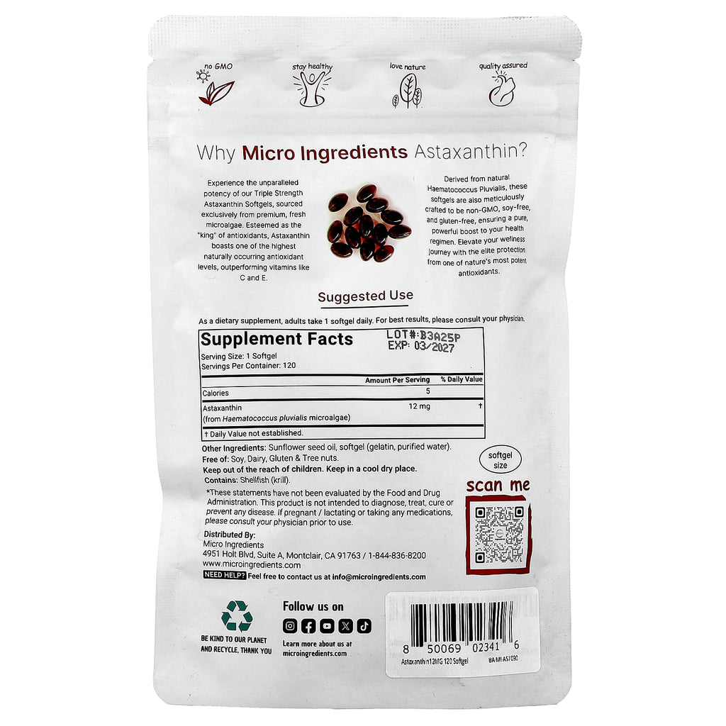 Micro Ingredients, Astaxanthin , 12 mg, 120 Softgels