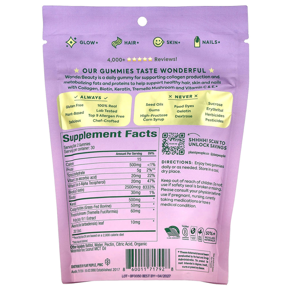Plant People, Wonder Beauty®, Rejuvenation Gummies, Watermelon, 60 Gummies