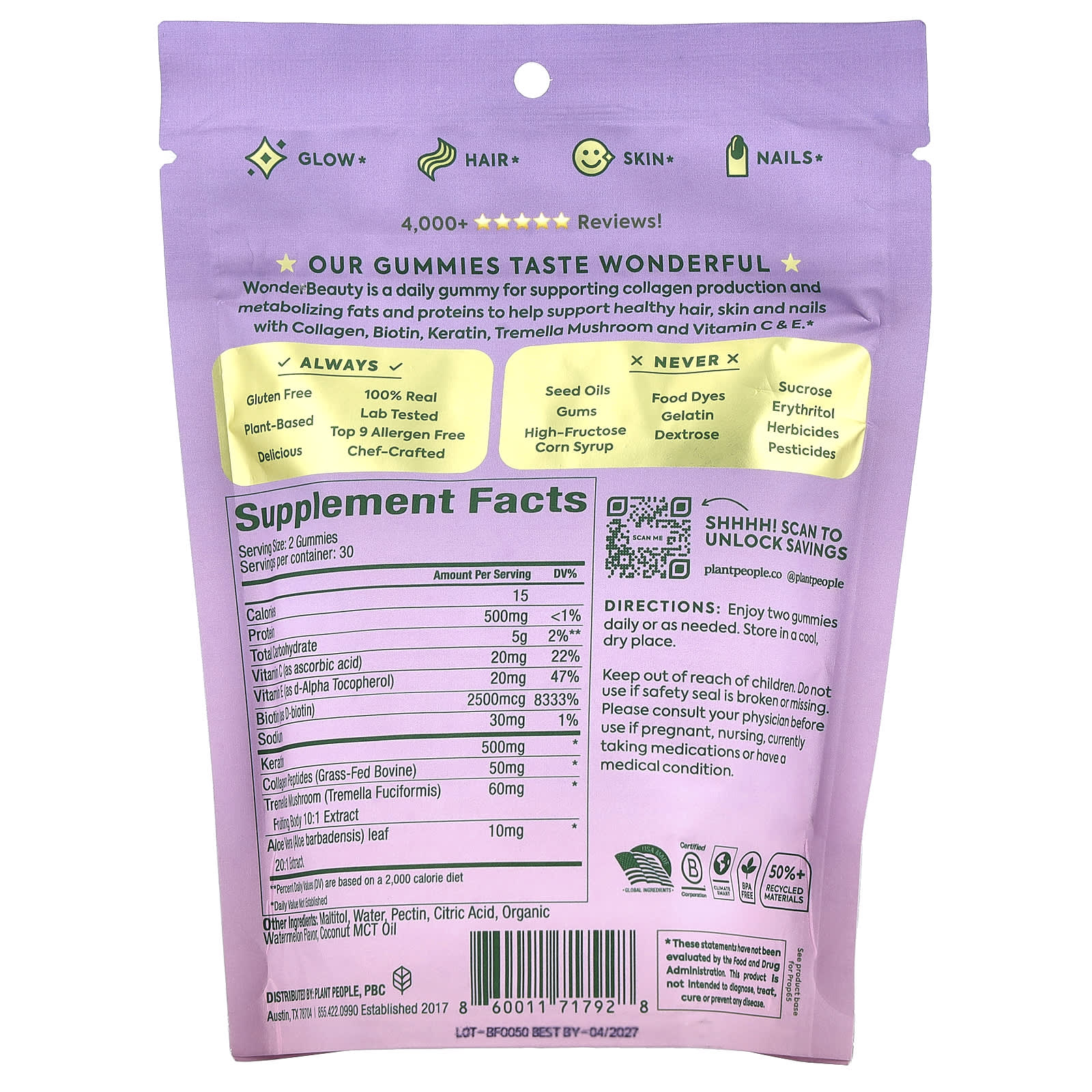 Plant People, Wonder Beauty®, Rejuvenation Gummies, Watermelon, 60 Gummies
