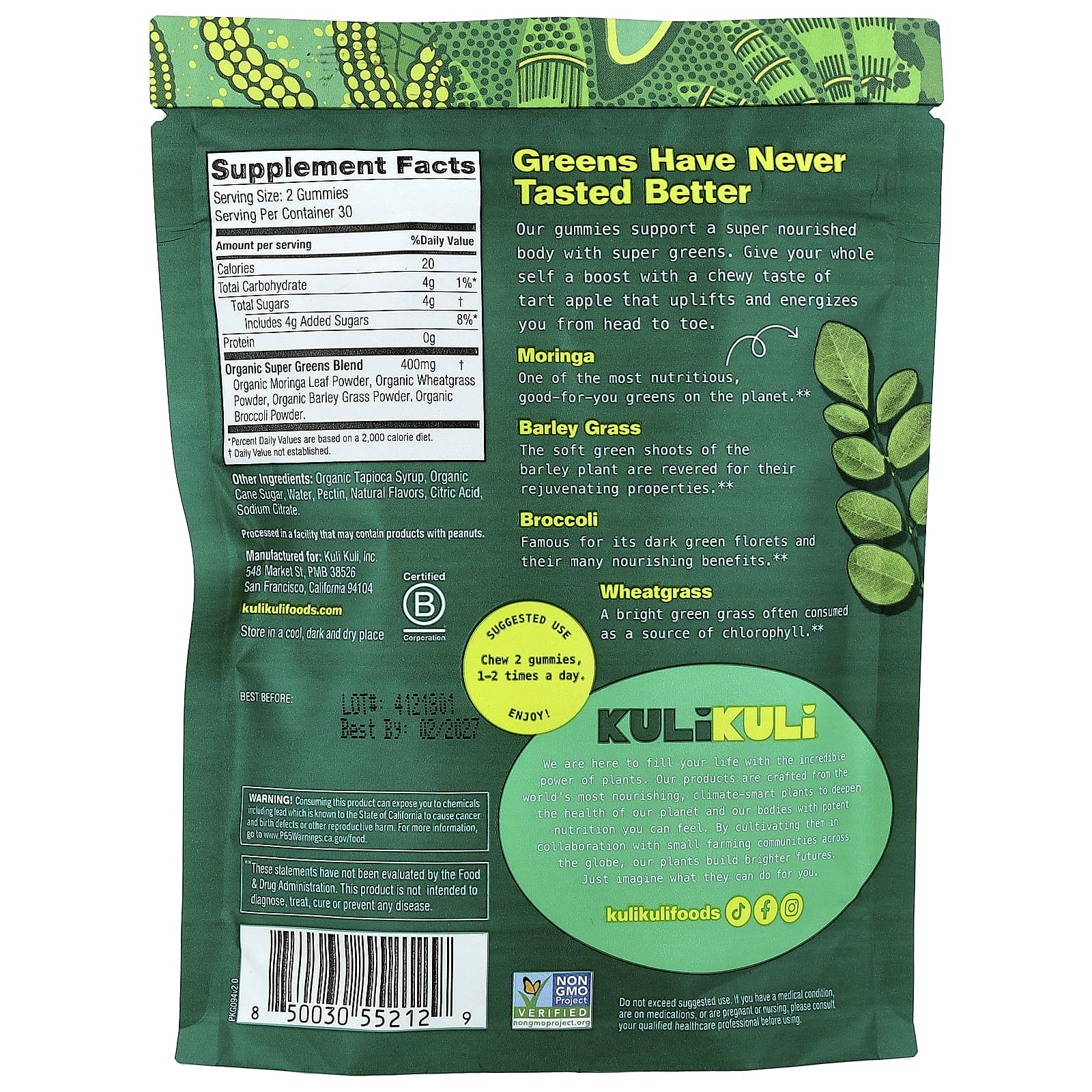 Kuli Kuli, Superfood Gummies, Moringa & Super Greens, Green Apple, 60 Plant-Based Gummies