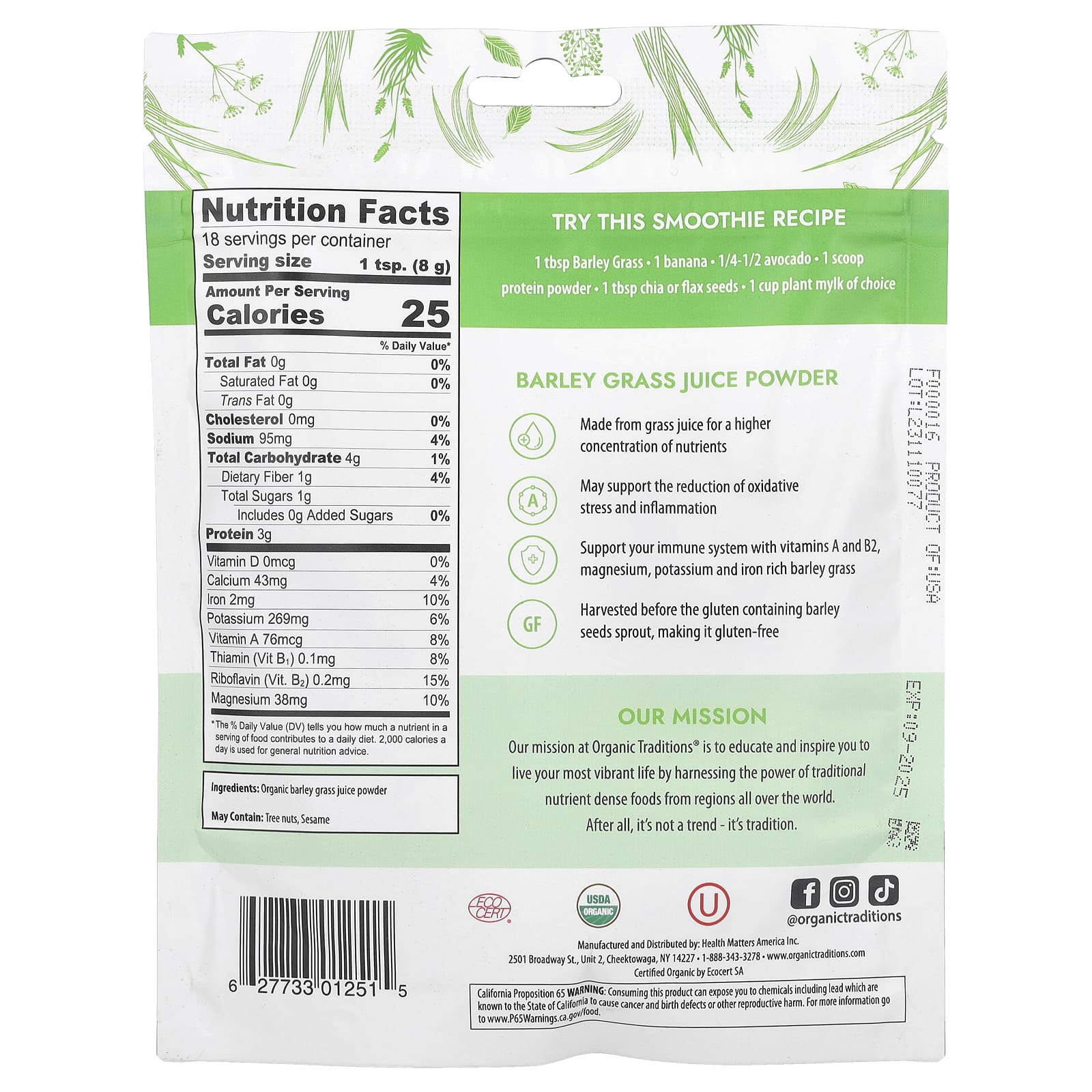 Organic Traditions, Barley Grass Juice Powder, 5.3 oz (150 g)
