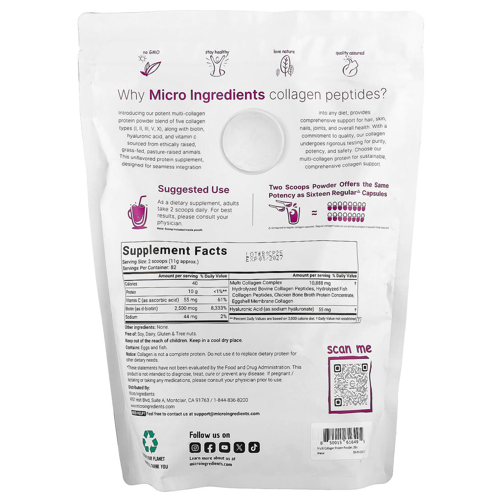 Micro Ingredients, Multi Collagen Peptides, Unflavored, 2 lb (907 g)