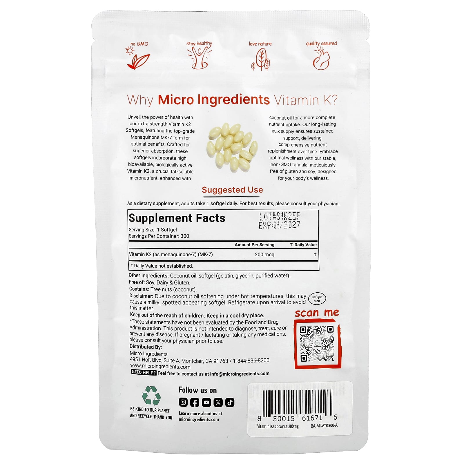 Micro Ingredients, Vitamin K2, MK-7, 200 mcg, 300 Softgels