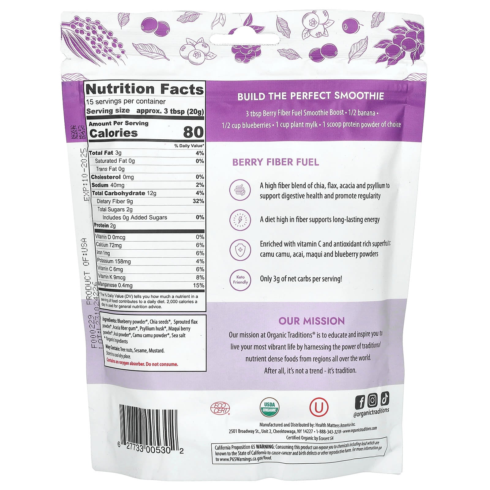 Organic Traditions, Fiber Fuel Smoothie Boost, Berry, 10.6 oz (300 g)
