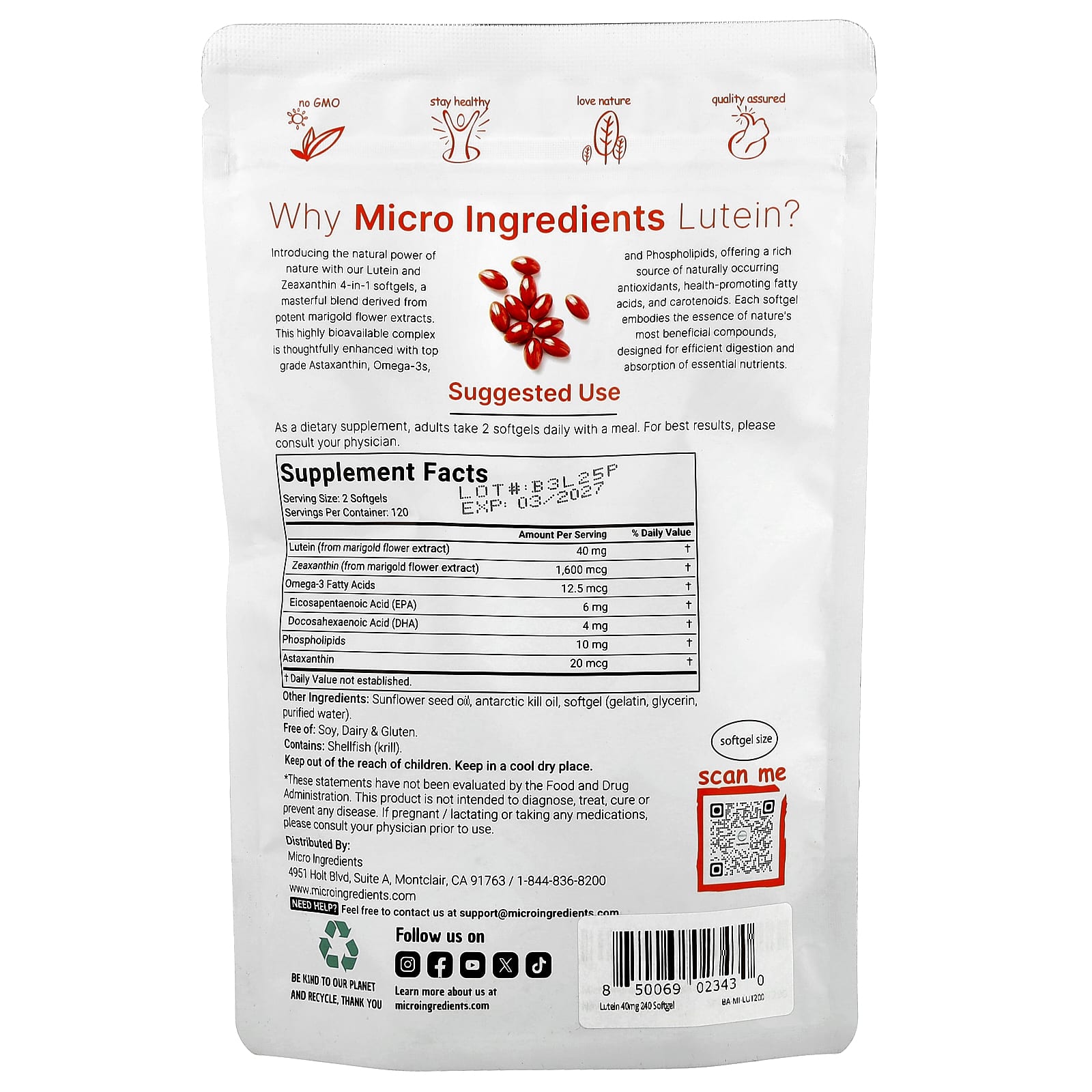 Micro Ingredients, Lutein with Zeaxanthin, 240 Softgels