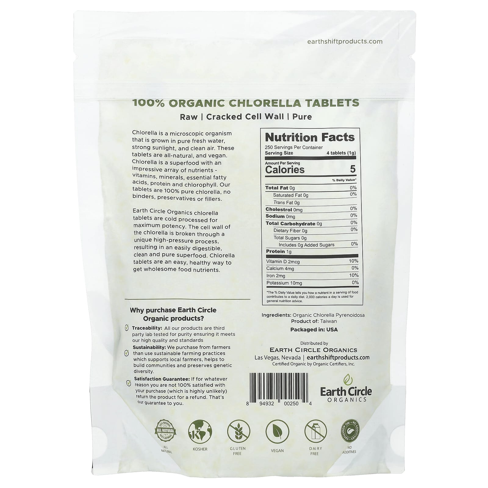 Earth Circle Organics, 100% Organic Chlorella, 1,000 Tablets, 8.75 oz (248 g)