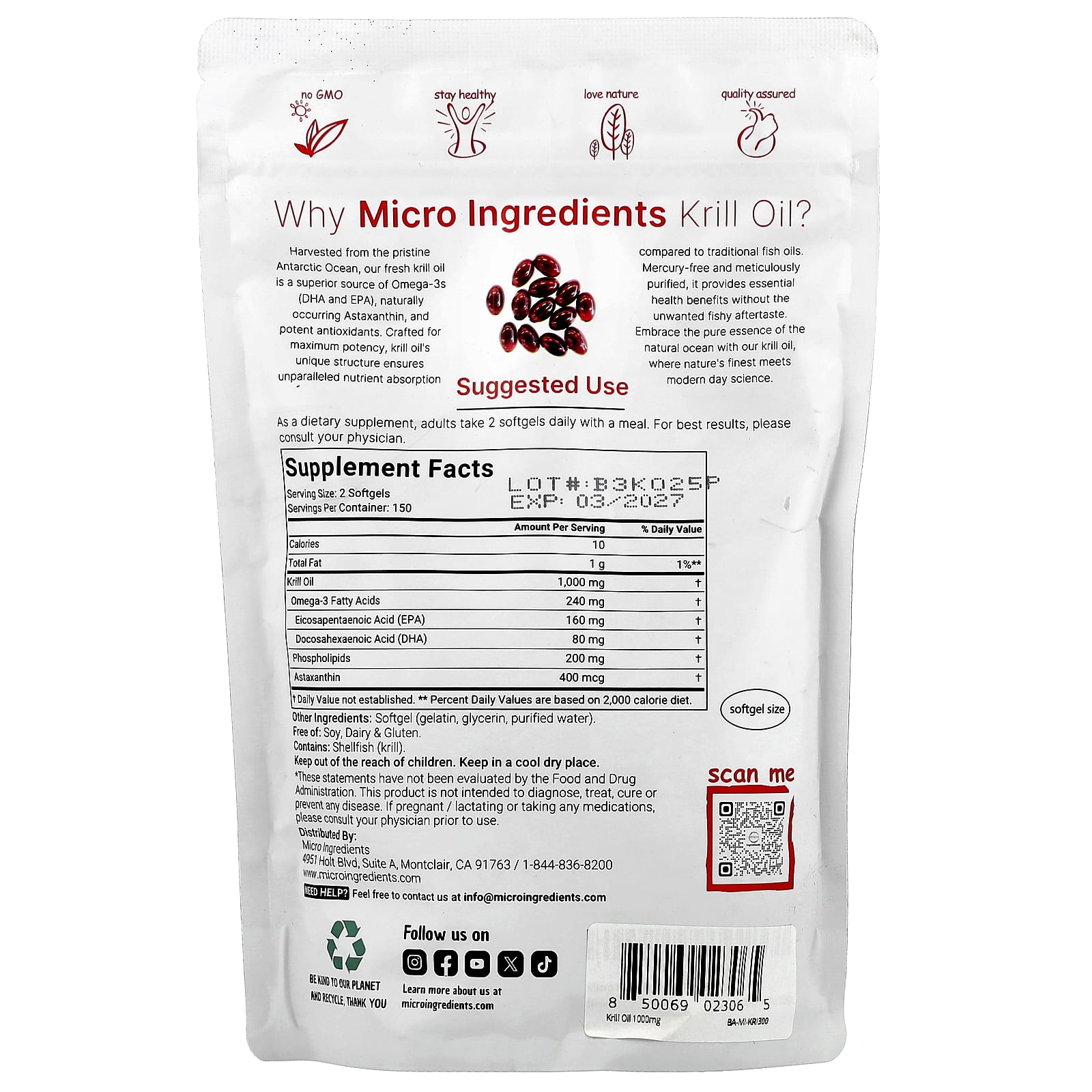 Micro Ingredients, Antarctic Krill Oil, 300 Softgels (500 mg per Softgel)