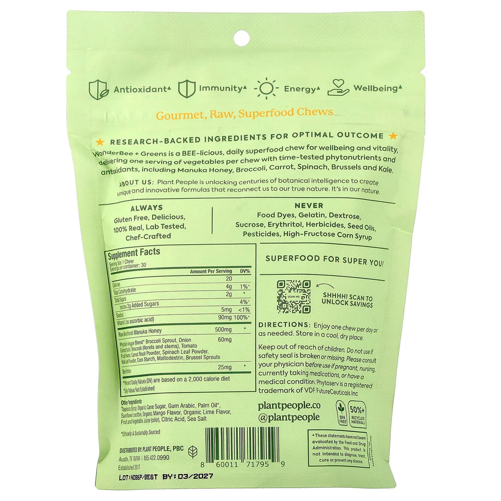 Plant People, WonderBee®, Superfood & Greens Honey Chews, Mango Lime, 30 Chews