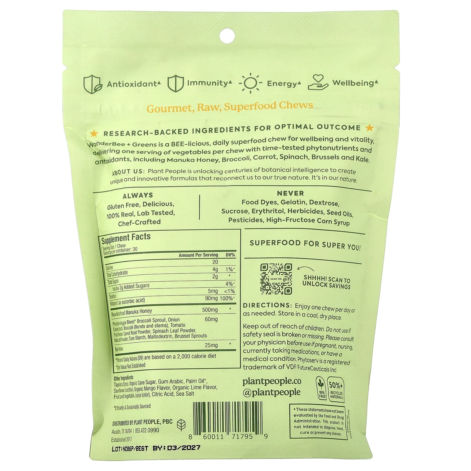 Plant People, WonderBee®, Superfood & Greens Honey Chews, Mango Lime, 30 Chews