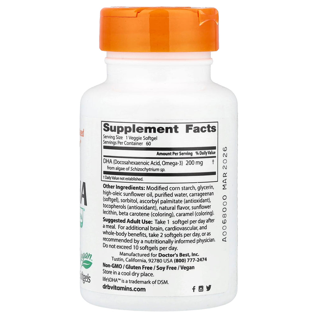 Doctor's Best, Vegan DHA from Algae with Life's DHA™ , 200 mg, 60 Veggie Softgels