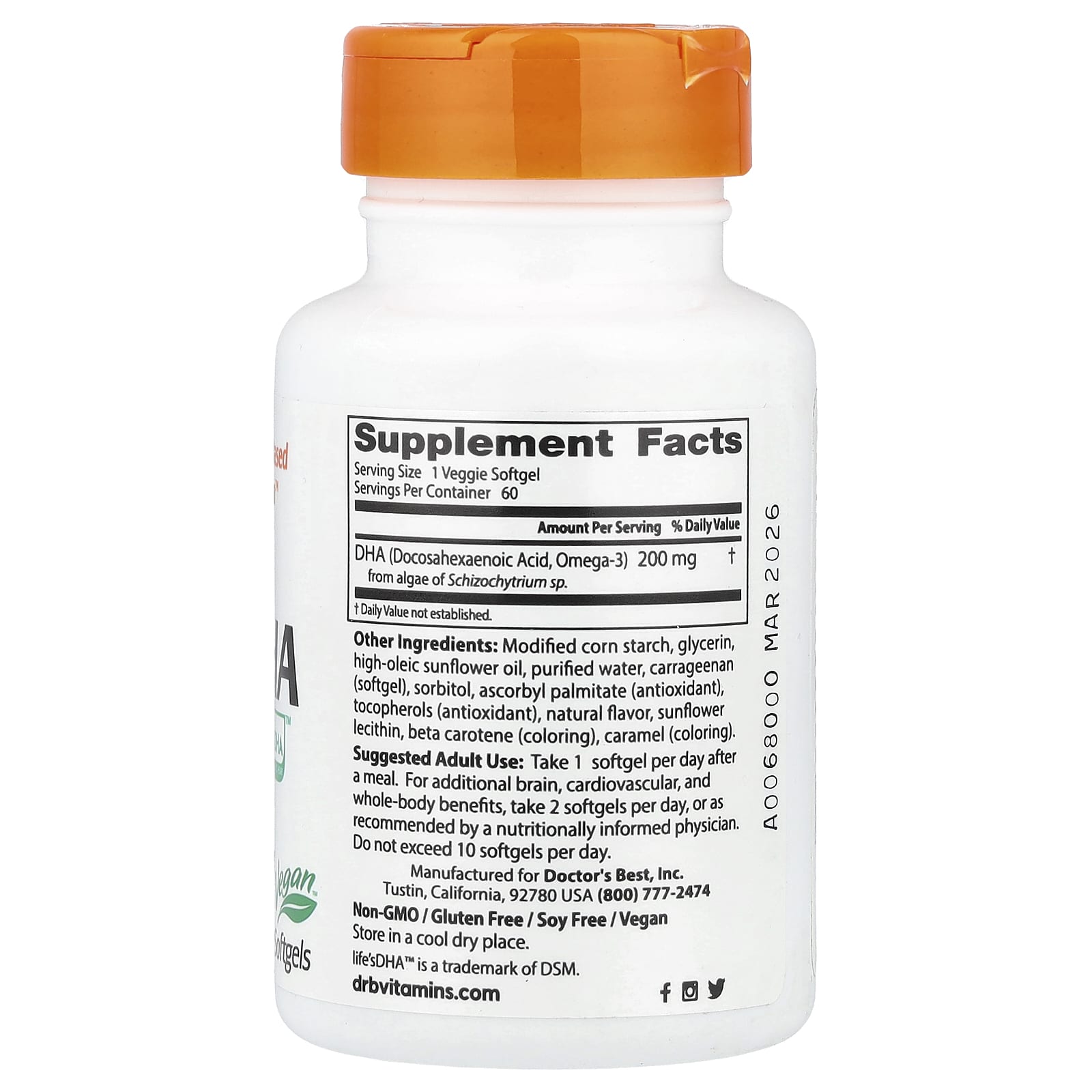 Doctor's Best, Vegan DHA from Algae with Life's DHA™ , 200 mg, 60 Veggie Softgels