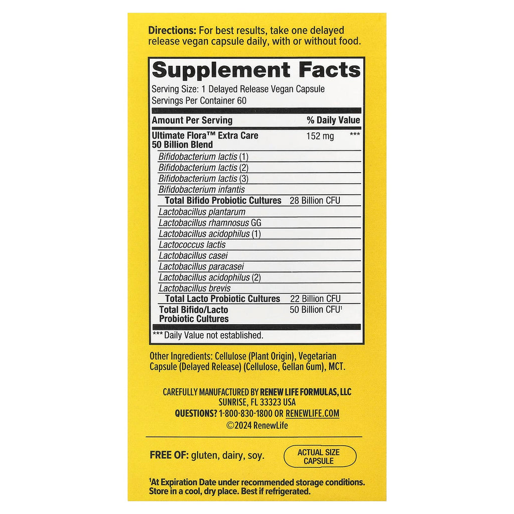 Renew Life, Extra Care Ultimate Flora™ Probiotic, 50 Billion CFU, 60 Delayed Release Vegan Capsules
