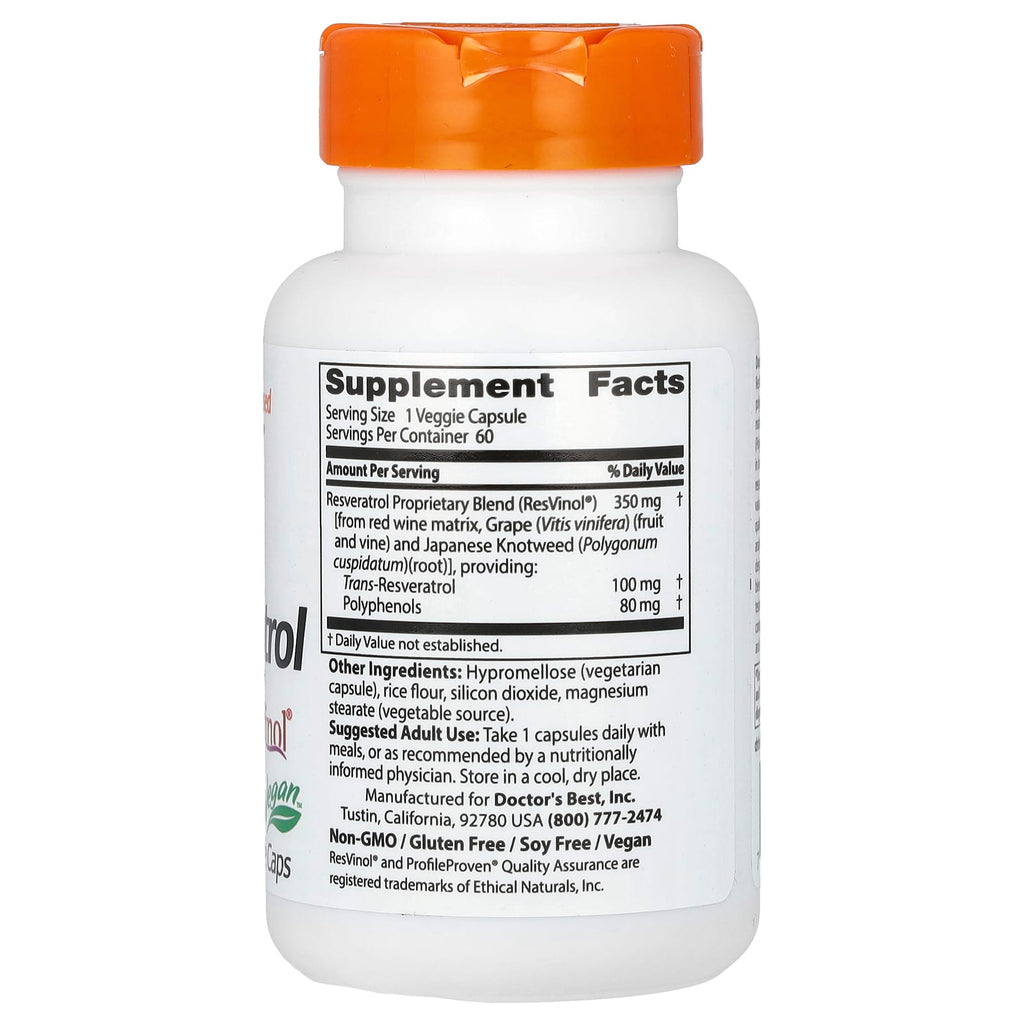 Doctor's Best, Trans-Resveratrol 100 with ResVinol, 100 mg, 60 Veggie Caps
