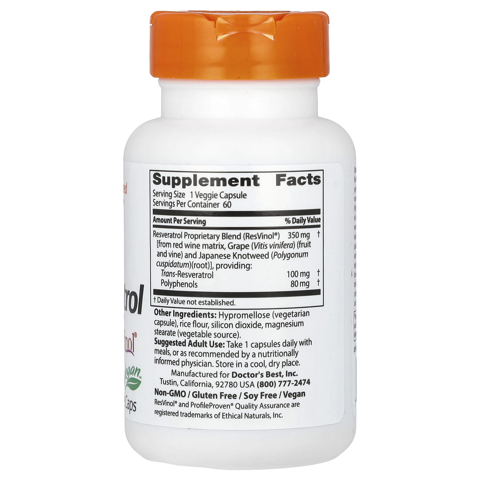 Doctor's Best, Trans-Resveratrol 100 with ResVinol, 100 mg, 60 Veggie Caps