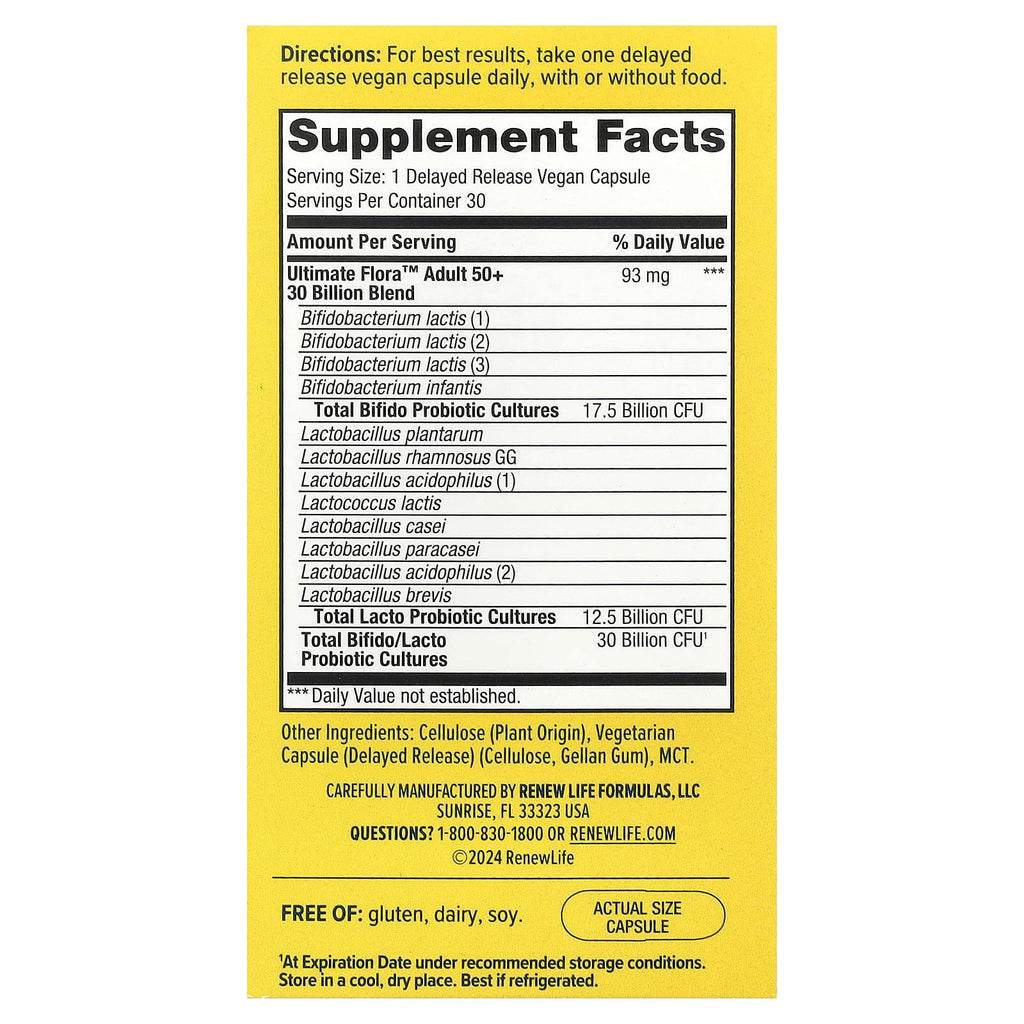 Renew Life, Ultimate Probiotic Flora™, Adult 50+ , 30 Billion CFU, 30 Delayed Release Vegan Capsules
