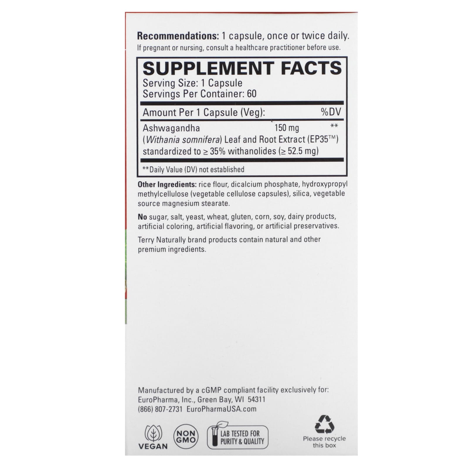 Terry Naturally, Ashwagandha EP35, 60 Capsules (150 mg per Capsule)
