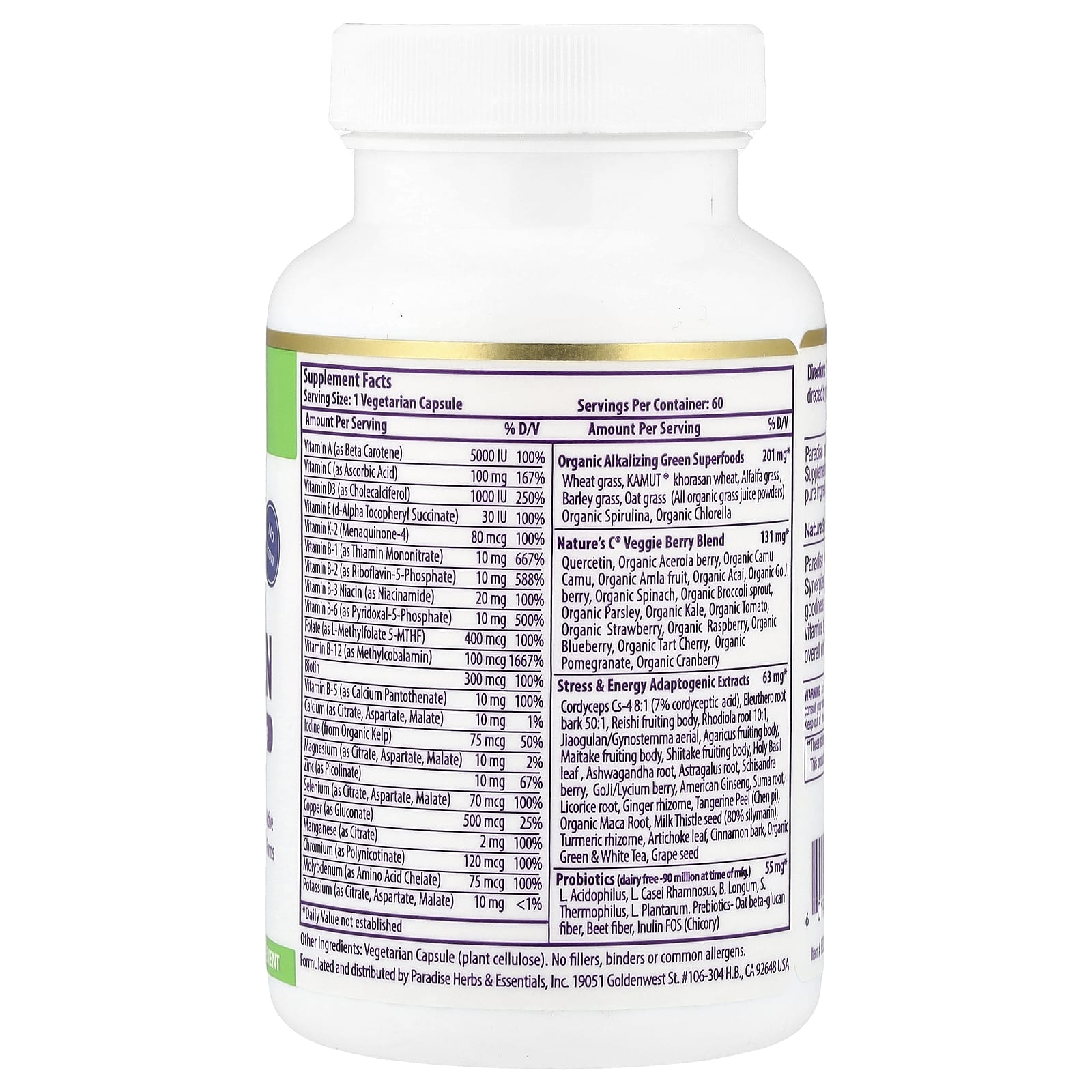 Paradise Herbs, Earth's Blend ®, One Daily Superfood Multi-Vitamin, No Iron, 60 Vegetarian Capsules
