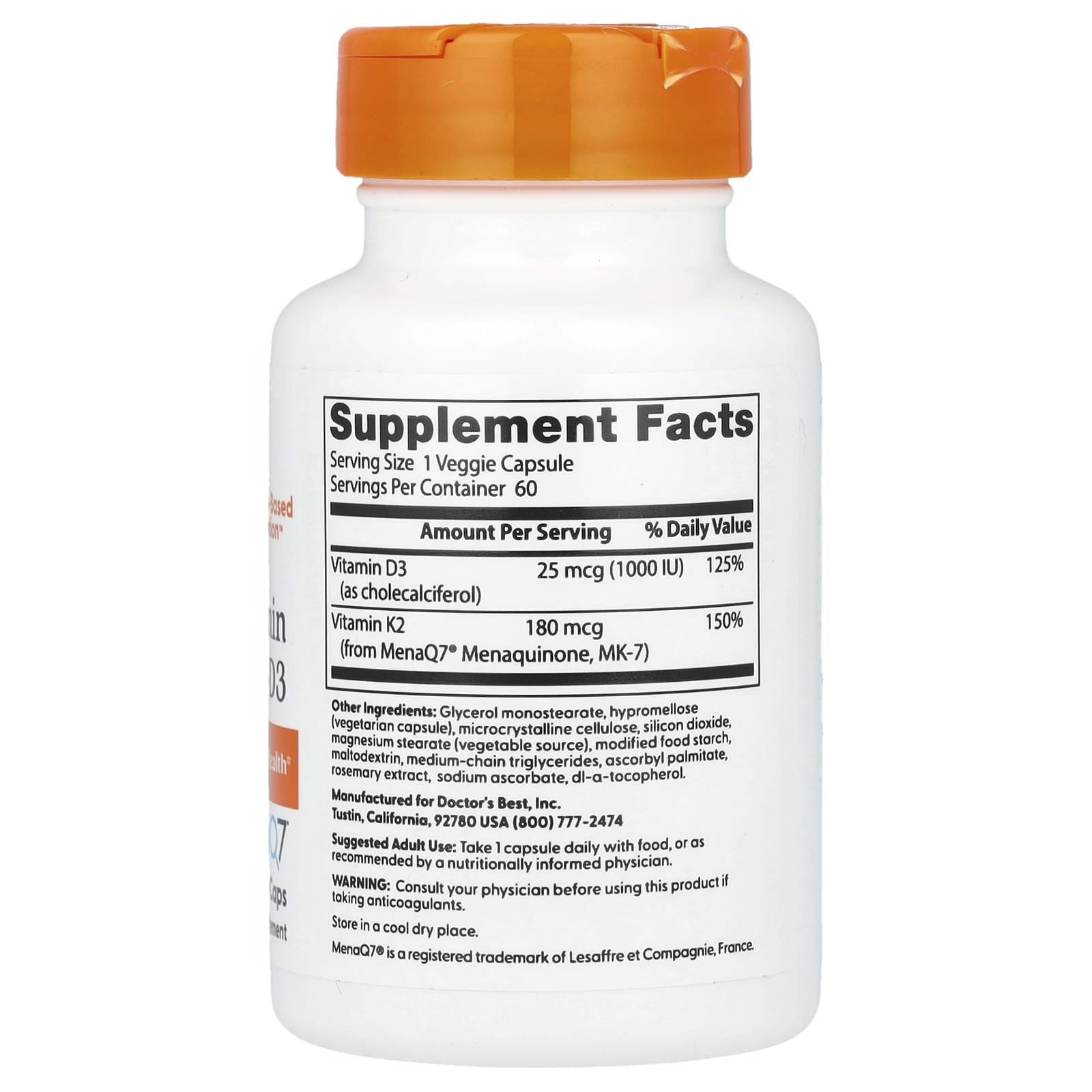 Doctor's Best, Natural Vitamin K2 MK-7 plus D3, 180 mcg, 60 Veggie Caps