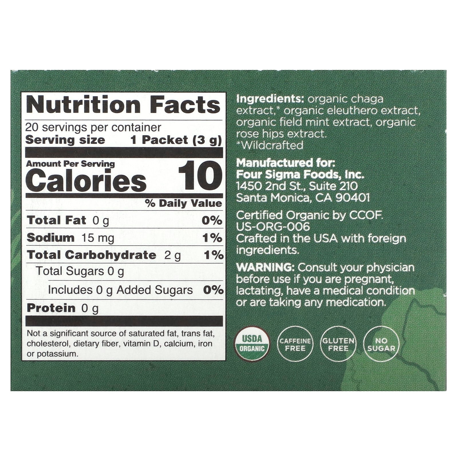 Four Sigmatic, Protect, Organic Elixir Mix With Chaga Mushroom & Eleuthero, Caffeine Free, 20 Packets, 0.1 oz (3 g) Each