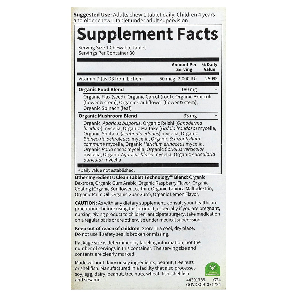 Garden of Life, Organics, Vegan D3 Chewable, Raspberry-Lemon, 30 Vegan Chewable Tablets