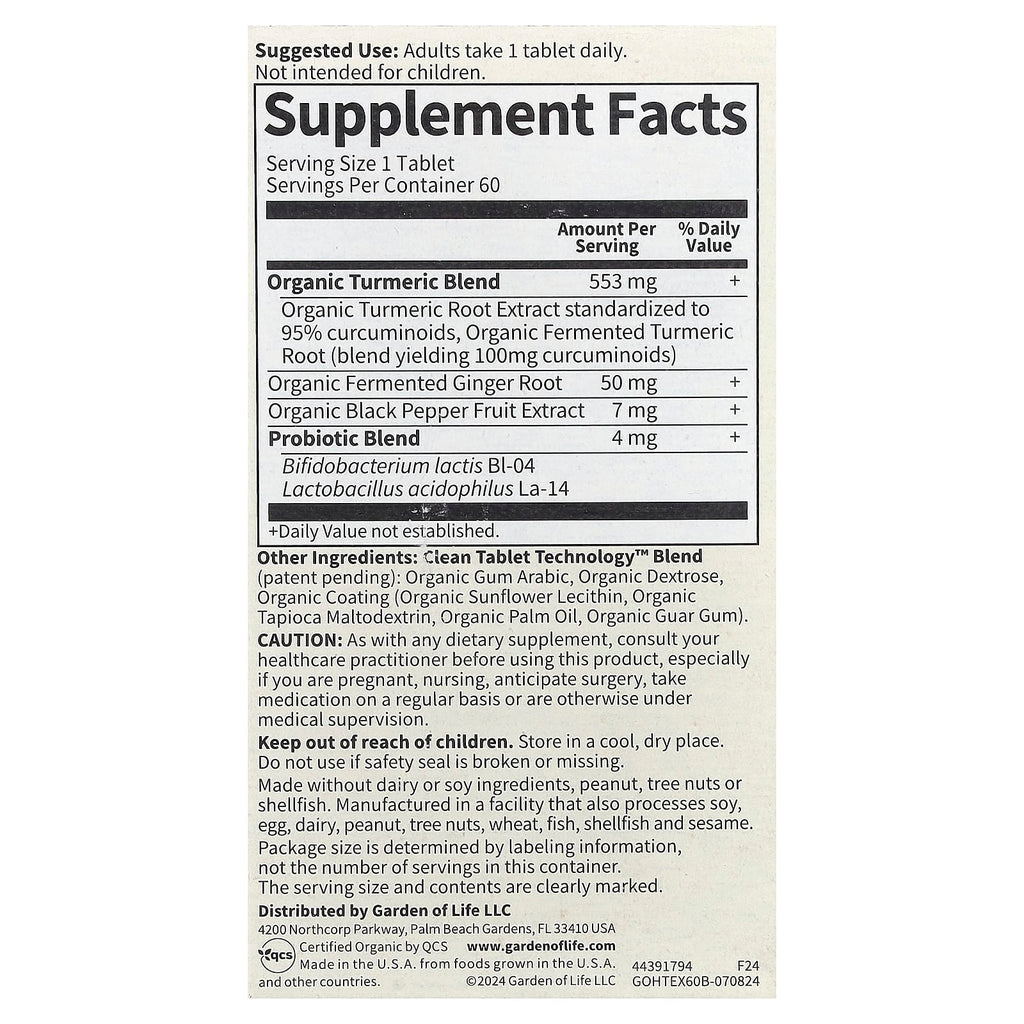 Garden of Life, Organics, Turmeric, Inflammatory Response, 60 Vegan Tablets