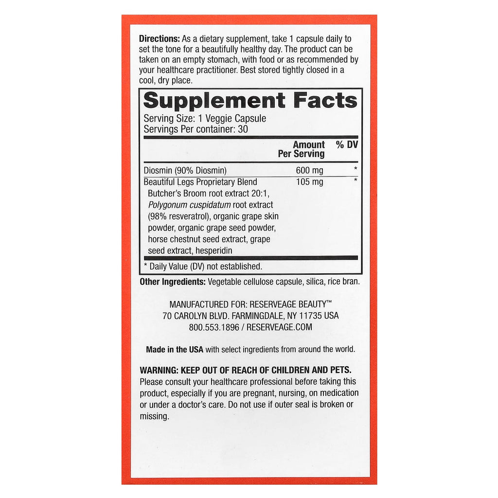 Reserveage Beauty, Beautiful Legs with Diosmin & Butcher's Broom Extract, 30 Veggie Capsules