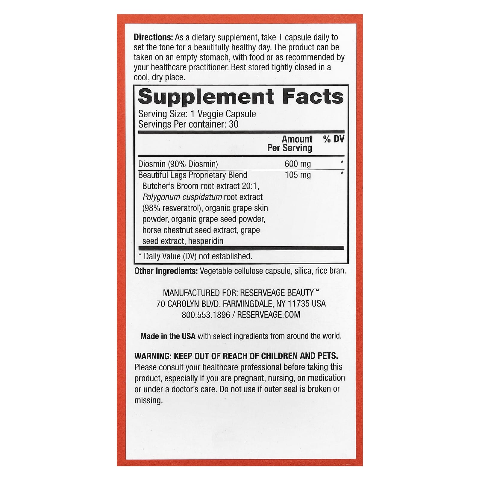 Reserveage Beauty, Beautiful Legs with Diosmin & Butcher's Broom Extract, 30 Veggie Capsules